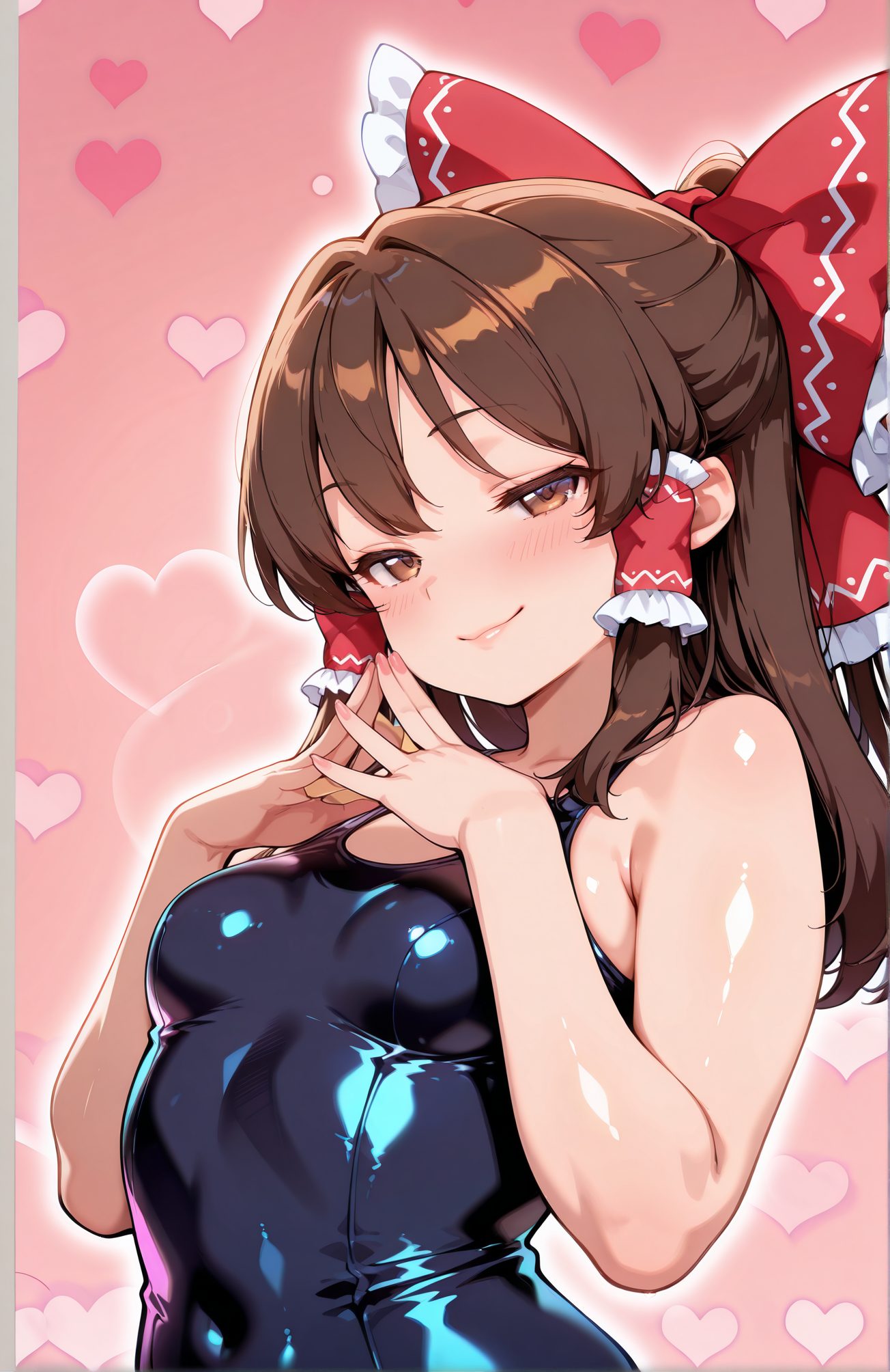 sensitive, 1girl, solo, long_hair, breasts, looking_at_viewer, blush, smile, bangs, brown_hair, bow, bare_shoulders, brown_eyes, closed_mouth, swimsuit, upper_body, hair_bow, heart, sidelocks, small_breasts, frills, shiny, red_bow, shiny_hair, lips, one-piece_swimsuit, shiny_skin, bare_arms, covered_navel, hair_tubes, pink_background, school_swimsuit, shiny_clothes, blue_one-piece_swimsuit, frilled_bow, heart_background, steepled_fingers, hakurei_reimu, 長い髪, 赤面, 笑顔, 前髪, 茶髪, ボウ, 肩出し, 口閉じ, 水着, 髪ボウ, サイドロック, 小さな胸, 光沢, 赤リボン, ワンピース水着, 光沢肌, 学校水着, 博麗霊夢