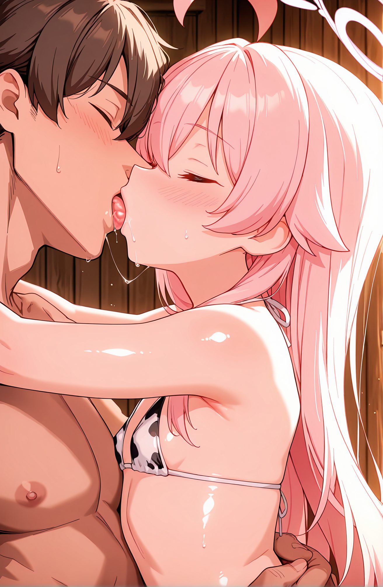 questionable, 1girl, long_hair, breasts, blush, brown_hair, 1boy, nipples, swimsuit, closed_eyes, upper_body, pink_hair, ahoge, hetero, heart, bikini, sweat, small_breasts, tongue, tongue_out, saliva, halo, white_bikini, animal_print, kiss, micro_bikini, cow_print, french_kiss, hoshino_(blue_archive), 長い髪, 赤面, 茶髪, 乳首, 水着, ピンク髪, アホ毛, ビキニ, 汗, 小さな胸, 舌出し, よだれ, マイクロビキニ, 牛柄, ホシノ（ブルーアーカイブ）