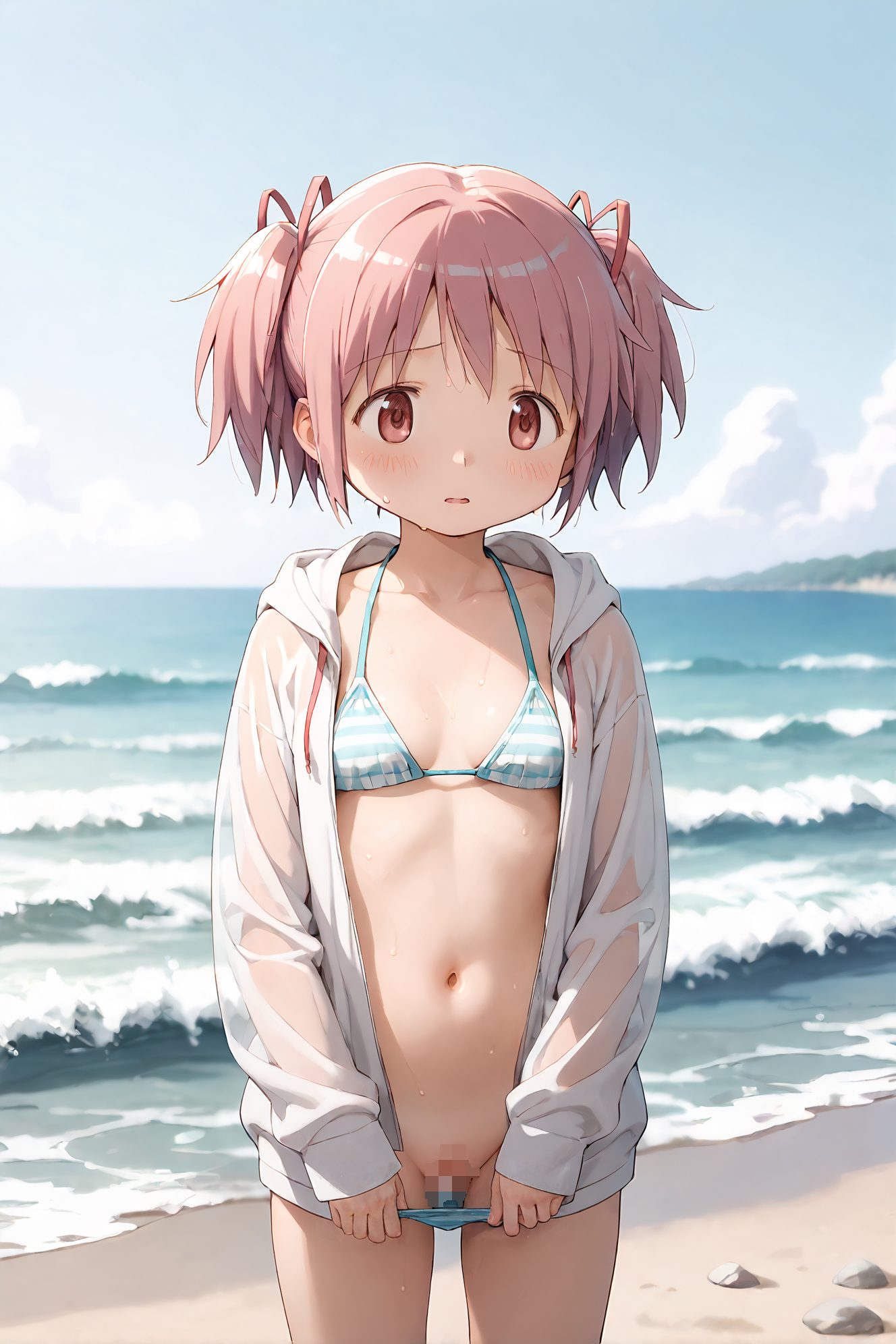 questionable, 1girl, solo, breasts, looking_at_viewer, blush, short_hair, bangs, long_sleeves, ribbon, navel, twintails, standing, collarbone, jacket, swimsuit, hair_ribbon, pink_hair, bikini, cowboy_shot, small_breasts, outdoors, censored, parted_lips, open_clothes, sky, pussy, day, striped, cloud, hood, pink_eyes, water, stomach, open_jacket, red_ribbon, blue_sky, wet, hoodie, ocean, ass_visible_through_thighs, beach, clothes_pull, hood_down, short_twintails, wet_clothes, blue_bikini, striped_bikini, sand, cleft_of_venus, pulled_by_self, bikini_pull, kaname_madoka, 赤面, 短い髪, 前髪, リボン, ツインテール, 鎖骨, 水着, 髪リボン, ピンク髪, ビキニ, 小さな胸, 衣服開く, 赤リボン, パーカー, ショートツインテール, 鹿目まどか