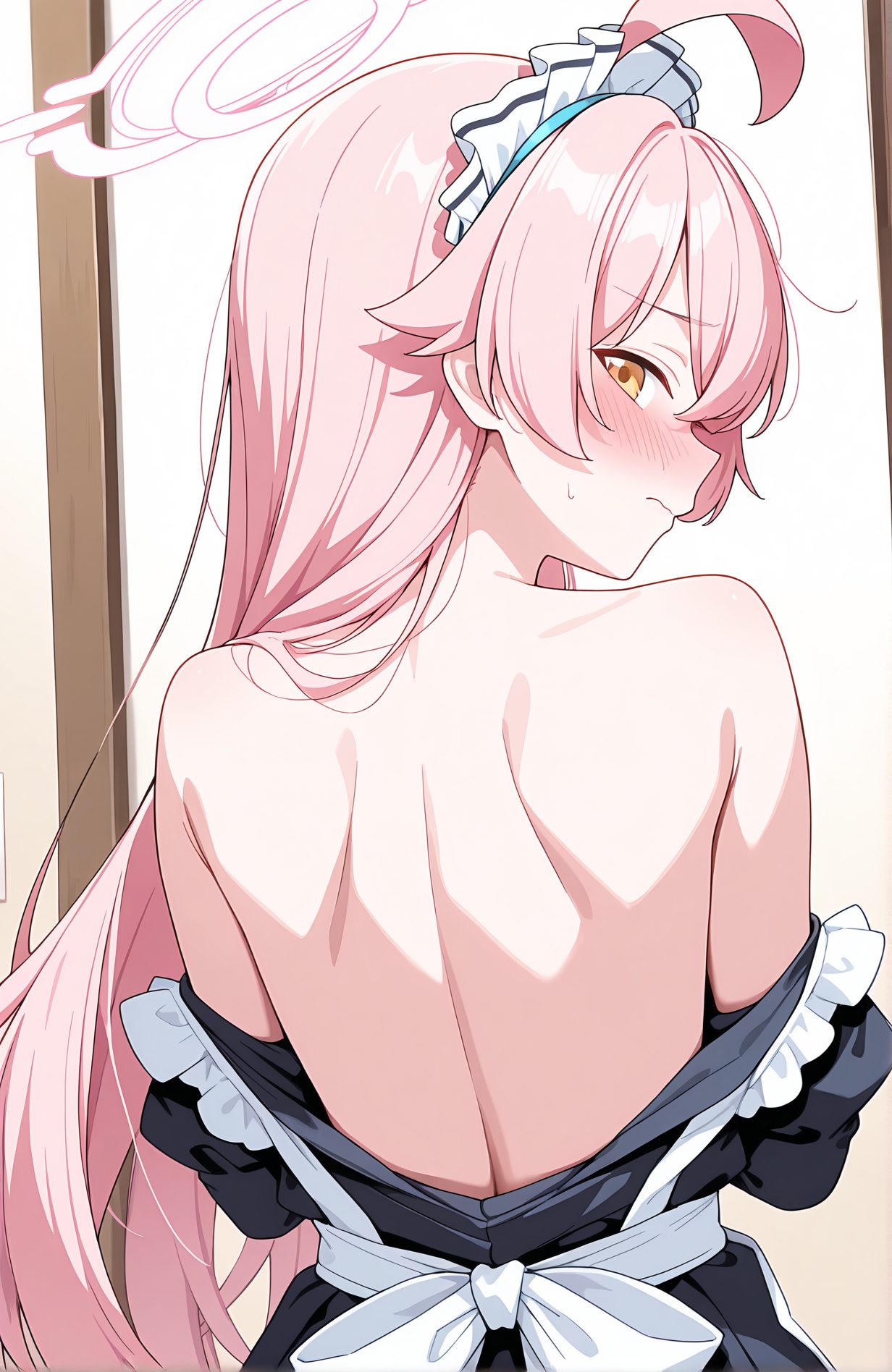 sensitive, 1girl, solo, long_hair, looking_at_viewer, blush, bangs, dress, bare_shoulders, very_long_hair, closed_mouth, yellow_eyes, upper_body, pink_hair, ahoge, frills, looking_back, off_shoulder, from_behind, black_dress, maid, maid_headdress, back, halo, undressing, enmaided, bare_back, back_focus, hoshino_(blue_archive), 長い髪, 赤面, 前髪, 肩出し, とても長い髪, 口閉じ, ピンク髪, アホ毛, 脱衣・着替え, ホシノ（ブルーアーカイブ）