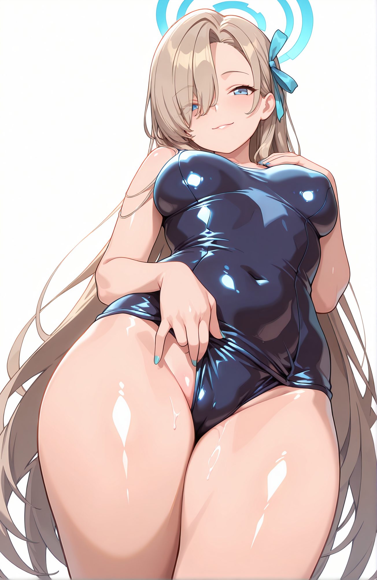 questionable, 1girl, solo, long_hair, breasts, looking_at_viewer, blush, smile, bangs, blue_eyes, large_breasts, simple_background, white_background, ribbon, bare_shoulders, medium_breasts, very_long_hair, swimsuit, hair_ribbon, thighs, cowboy_shot, parted_lips, alternate_costume, shiny, nail_polish, hair_over_one_eye, one-piece_swimsuit, covered_navel, cameltoe, halo, from_below, school_swimsuit, light_brown_hair, hand_on_own_chest, blue_nails, shiny_clothes, blue_one-piece_swimsuit, asuna_(blue_archive), 長い髪, 赤面, 笑顔, 前髪, 青い目, 大きな胸, リボン, 肩出し, 中くらいの胸, とても長い髪, 水着, 髪リボン, 光沢, ワンピース水着, 学校水着, アスナ（ブルーアーカイブ）