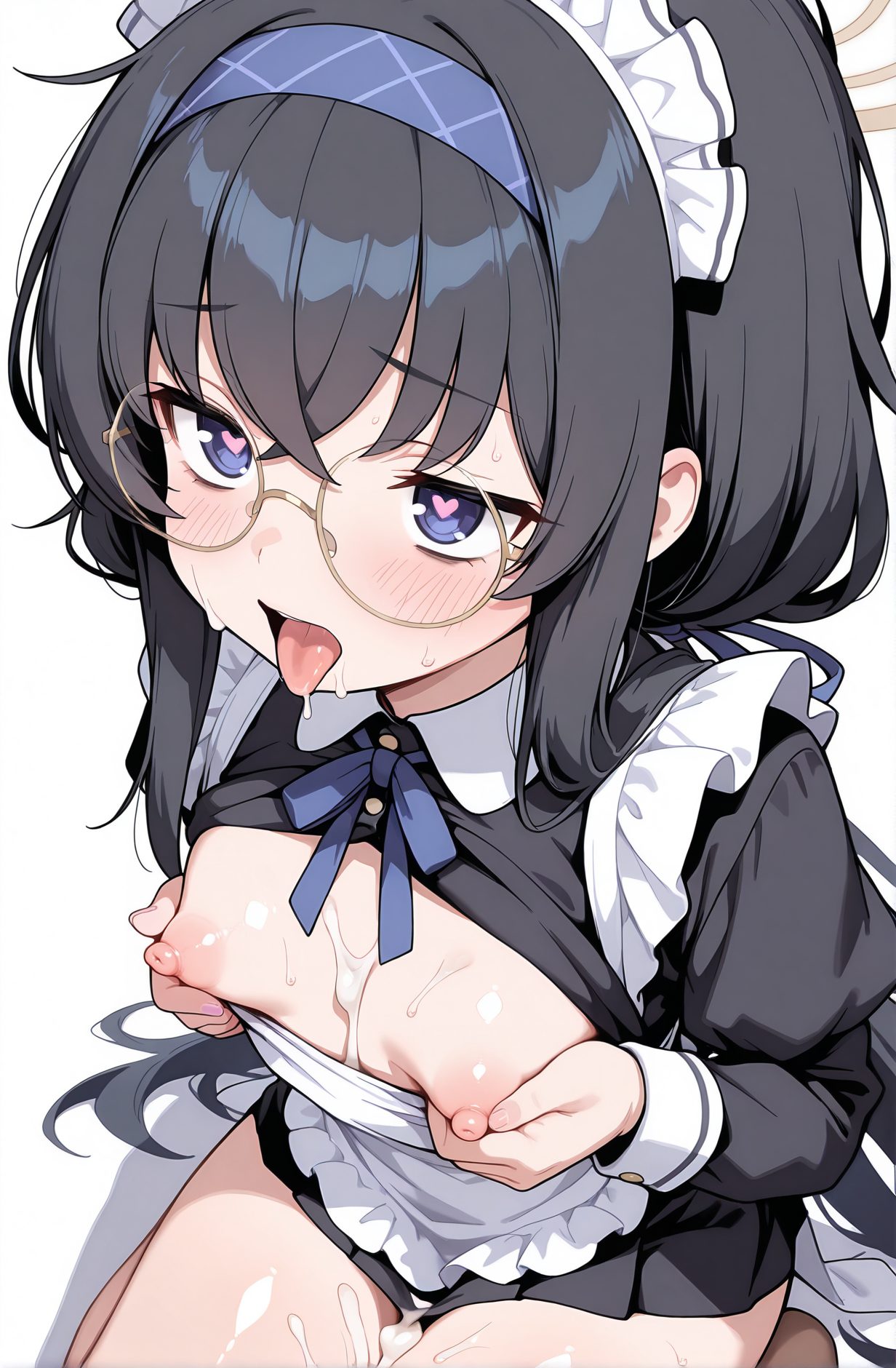 explicit, 1girl, solo, long_hair, breasts, blush, open_mouth, bangs, blue_eyes, simple_background, black_hair, long_sleeves, white_background, dress, ribbon, hair_between_eyes, twintails, sitting, nipples, heart, sweat, hairband, small_breasts, glasses, alternate_costume, tongue, puffy_sleeves, cum, tongue_out, apron, black_dress, maid, symbol-shaped_pupils, maid_headdress, low_twintails, halo, heart-shaped_pupils, cum_on_body, breasts_out, blue_ribbon, facial, white_apron, cum_on_breasts, maid_apron, enmaided, round_eyewear, ui_(blue_archive), 長い髪, 赤面, 口開き, 前髪, 青い目, 黒髪, リボン, 目にかかる髪, ツインテール, 座り, 乳首, 汗, ヘアバンド, 小さな胸, 精液, 舌出し, ローツインテール, ハート目, ぶっかけ（体）, 胸出し, 胸へのぶっかけ, ウイ（ブルーアーカイブ）