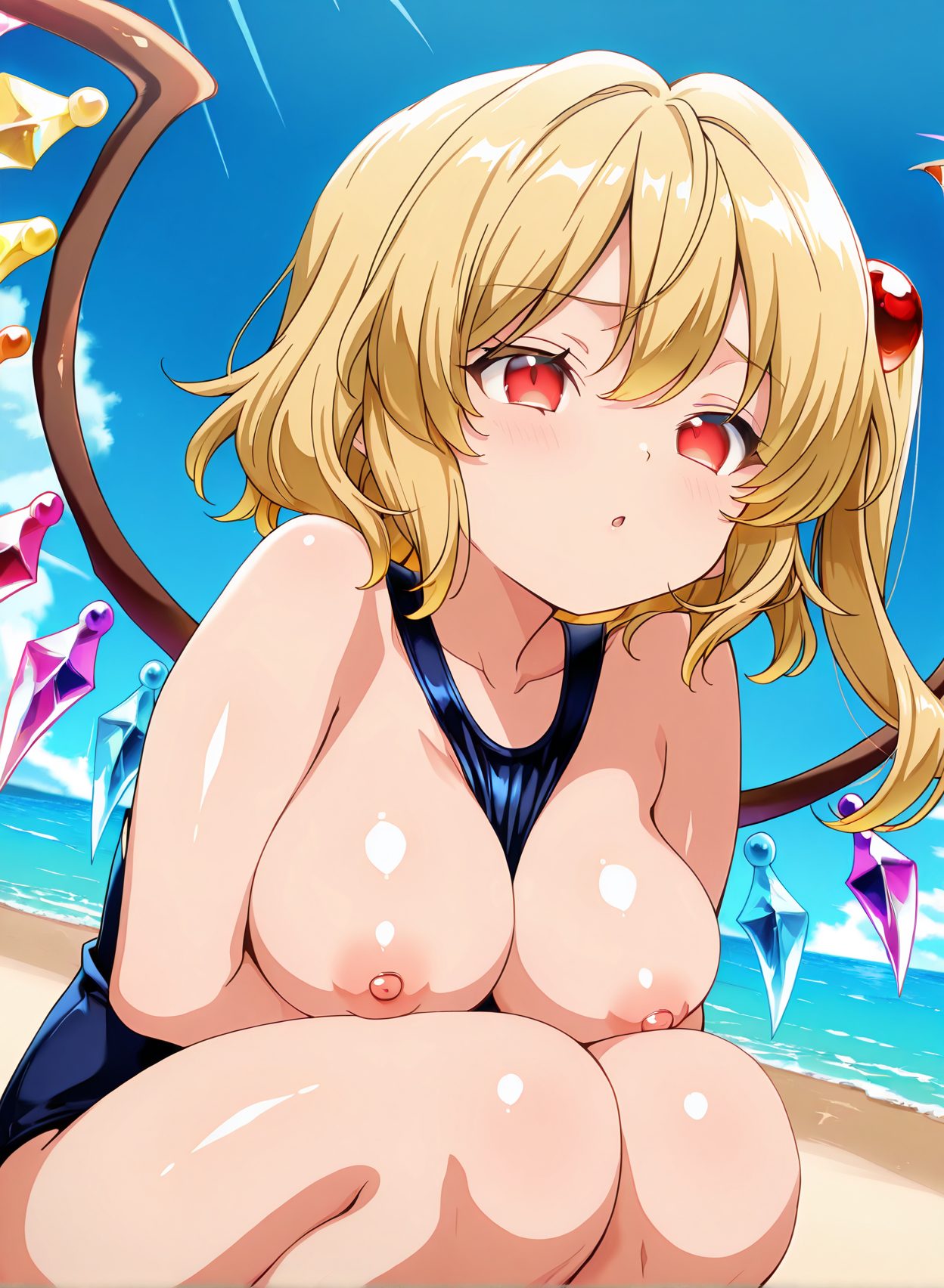 questionable, 1girl, solo, breasts, looking_at_viewer, blush, blonde_hair, large_breasts, red_eyes, nipples, collarbone, swimsuit, outdoors, wings, sky, day, shiny, cloud, water, blue_sky, one-piece_swimsuit, shiny_skin, ocean, one_side_up, beach, squatting, school_swimsuit, breasts_out, between_breasts, no_headwear, blue_one-piece_swimsuit, crystal, sand, flandre_scarlet, 赤面, 乳首, 水着, 巨乳, ワンピース, スクール水着, 東方Project, フランドール・スカーレット, Posted, ロリ巨乳_posted, 金髪, 大きな胸, 赤い目, 鎖骨, 光沢, ワンピース水着, 光沢肌, 片側アップ, 学校水着, 胸出し, スクール水着_posted, フランドール_posted