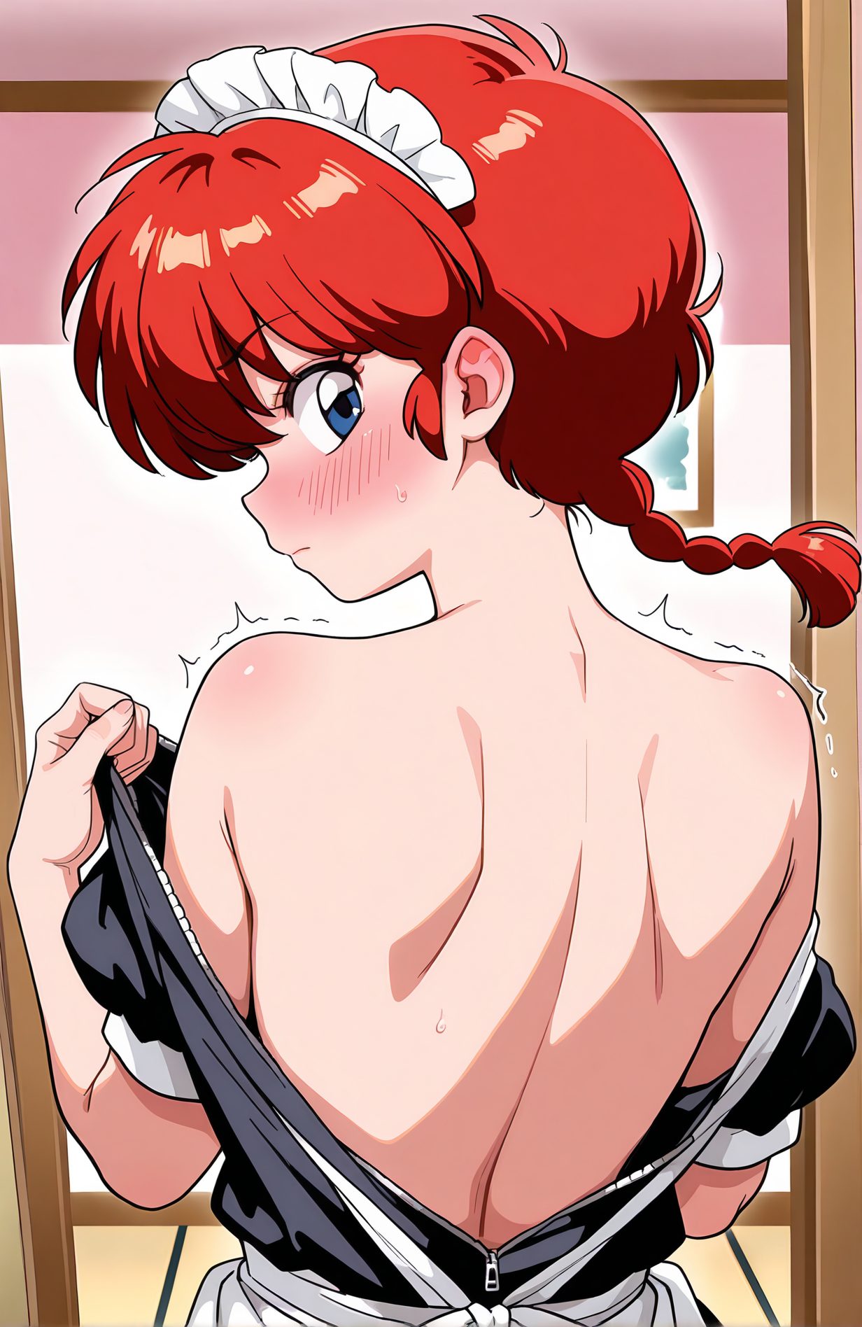 sensitive, questionable, 1girl, solo, looking_at_viewer, blush, bangs, blue_eyes, bare_shoulders, closed_mouth, upper_body, braid, red_hair, sweat, looking_back, off_shoulder, from_behind, maid, maid_headdress, single_braid, back, trembling, undressing, maid_apron, braided_ponytail, enmaided, bare_back, back_focus, ranma-chan, 赤面, 前髪, 青い目, 肩出し, 口閉じ, 赤髪, 汗, 震え, 脱衣・着替え, らんまちゃん（女らんま）