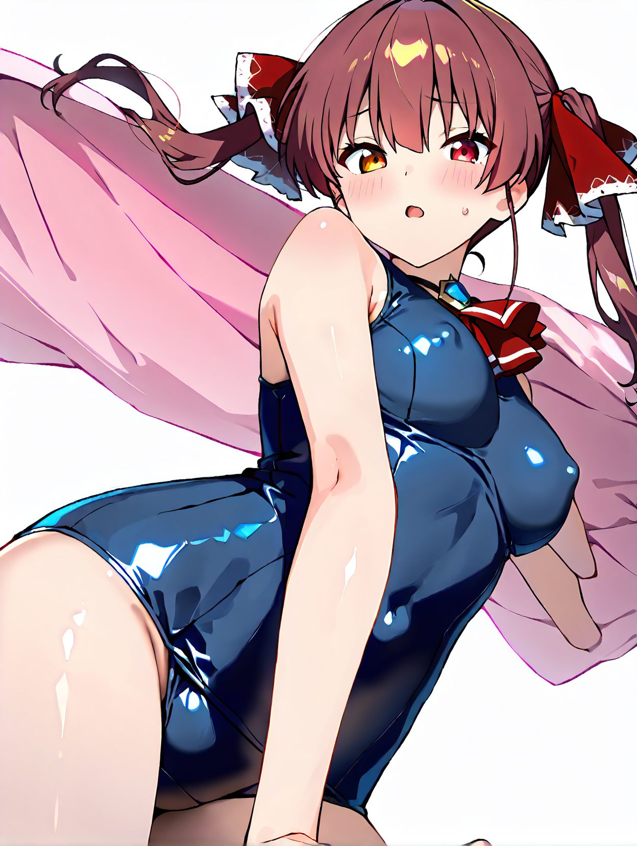 1girl, swimsuit, houshou marine, solo, breasts, twintails, red eyes, virtual youtuber, one-piece swimsuit, heterochromia, red hair, school swimsuit, long hair, blush, yellow eyes, looking at viewer, white background, blue one-piece swimsuit, ribbon, open mouth, covered nipples, simple background, shiny clothes, red ribbon, covered navel, hair ribbon, medium breasts, shiny, from below, bangs, ascot, red ascot, sweatdrop, bare shoulders, towel, 赤面, 恥じらい, ツインテール, 赤髪, 乳首チラ, 水着, 赤目, ロングヘア, ぱっつん, ワンピース, スクール水着, ホロライブ, 宝鐘マリン, 赤い目, バーチャルYouTuber, ワンピース水着, 学校水着, 長い髪, リボン, 口開き, 赤リボン, 髪リボン, 中くらいの胸, 光沢, 前髪, 汗滴, 肩出し
