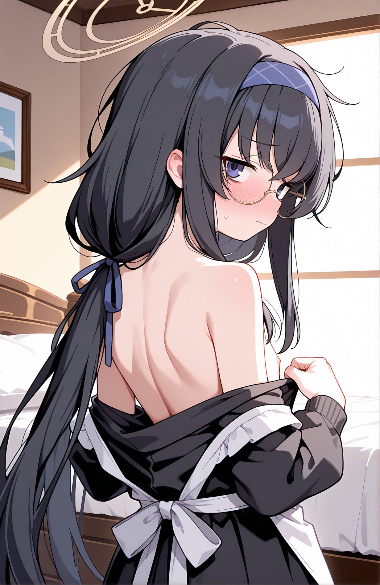 questionable, 1girl, solo, long_hair, looking_at_viewer, blush, bangs, blue_eyes, black_hair, long_sleeves, dress, ribbon, bare_shoulders, twintails, very_long_hair, closed_mouth, hair_ribbon, hairband, glasses, looking_back, indoors, off_shoulder, from_behind, sweatdrop, apron, maid, bed, back, halo, blue_ribbon, round_eyewear, bare_back, bags_under_eyes, blue_hairband, eyewear_strap, ui_(blue_archive), 長い髪, 赤面, 前髪, 青い目, 黒髪, リボン, 肩出し, ツインテール, とても長い髪, 口閉じ, 髪リボン, ヘアバンド, 汗滴, ウイ（ブルーアーカイブ）