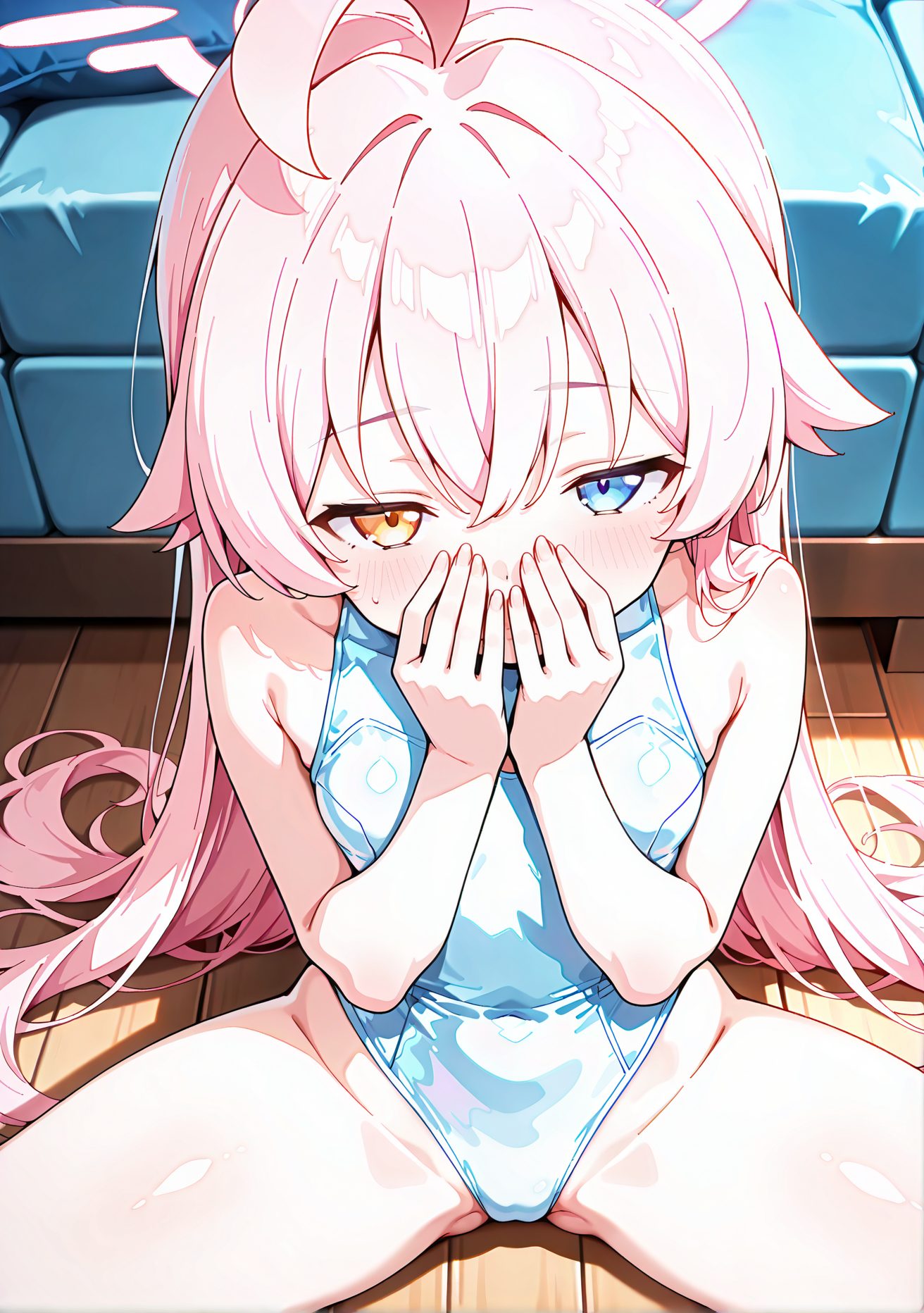 sensitive, 1girl, solo, long_hair, breasts, looking_at_viewer, blush, bangs, blue_eyes, bare_shoulders, sitting, very_long_hair, swimsuit, yellow_eyes, pink_hair, ahoge, small_breasts, spread_legs, one-piece_swimsuit, heterochromia, highleg, halo, wooden_floor, covering_mouth, white_one-piece_swimsuit, highleg_swimsuit, covering_face, hoshino_(blue_archive), 長い髪, 赤面, 前髪, 青い目, 肩出し, 座り, とても長い髪, 水着, ピンク髪, アホ毛, 小さな胸, 脚開き, ワンピース水着, ホシノ（ブルーアーカイブ）, ハイレグ水着