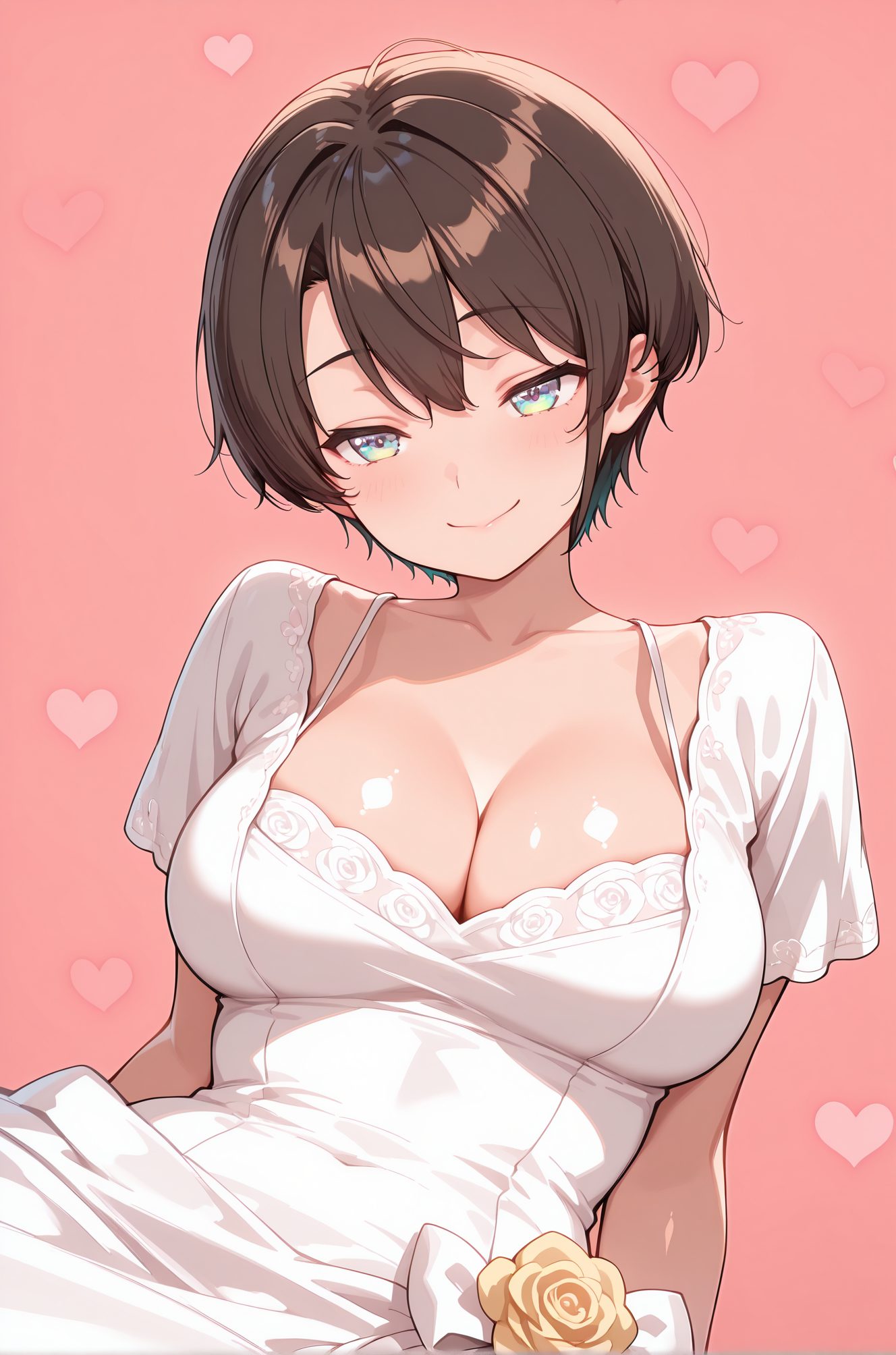 sensitive, 1girl, solo, breasts, looking_at_viewer, blush, smile, short_hair, bangs, blue_eyes, large_breasts, simple_background, brown_hair, dress, cleavage, closed_mouth, collarbone, upper_body, flower, short_sleeves, heart, virtual_youtuber, white_dress, aqua_eyes, pink_background, oozora_subaru, 赤面, 笑顔, 短い髪, 前髪, 青い目, 大きな胸, 茶髪, 口閉じ, 鎖骨, バーチャルYouTuber, 大空スバル