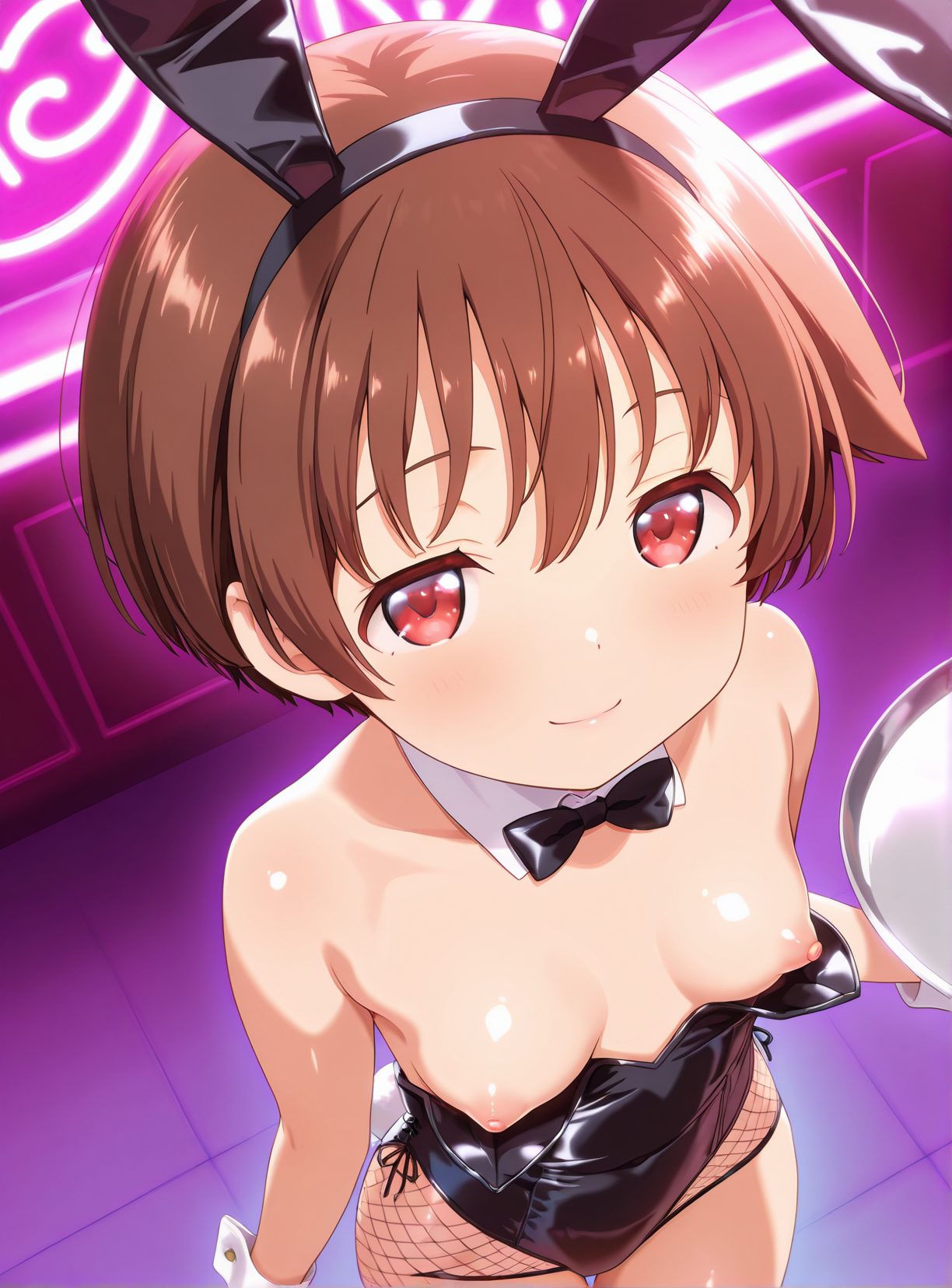 1girl, solo, animal ears, breasts, rabbit ears, fishnet pantyhose, fishnets, fake animal ears, small breasts, short hair, nipples, pantyhose, playboy bunny, brown hair, black bowtie, bow, bowtie, red eyes, detached collar, leotard, smile, black leotard, looking at viewer, black bow, wrist cuffs, strapless, tail, strapless leotard, bare shoulders, rabbit tail, blush, closed mouth, from above, collarbone, thigh gap, cowboy shot, bangs, hairband, 赤面, 笑顔, バニーガール, 乳首, パンスト, 尻尾, レオタード, 髪止め, 獣耳, 手錠, 赤目, 貧乳, 網タイツ, ぱっつん, ショートカット, 太もも, うさ耳, アングル, 脚, Posted, 動物耳, 偽動物耳, 小さな胸, 短い髪, プレイボーイバニー, 茶髪, ボウ, 赤い目, 黒レオタード, ストラップレスレオタード, 肩出し, 口閉じ, 鎖骨, 前髪, ヘアバンド, 癒月ちょこ, 宮永咲