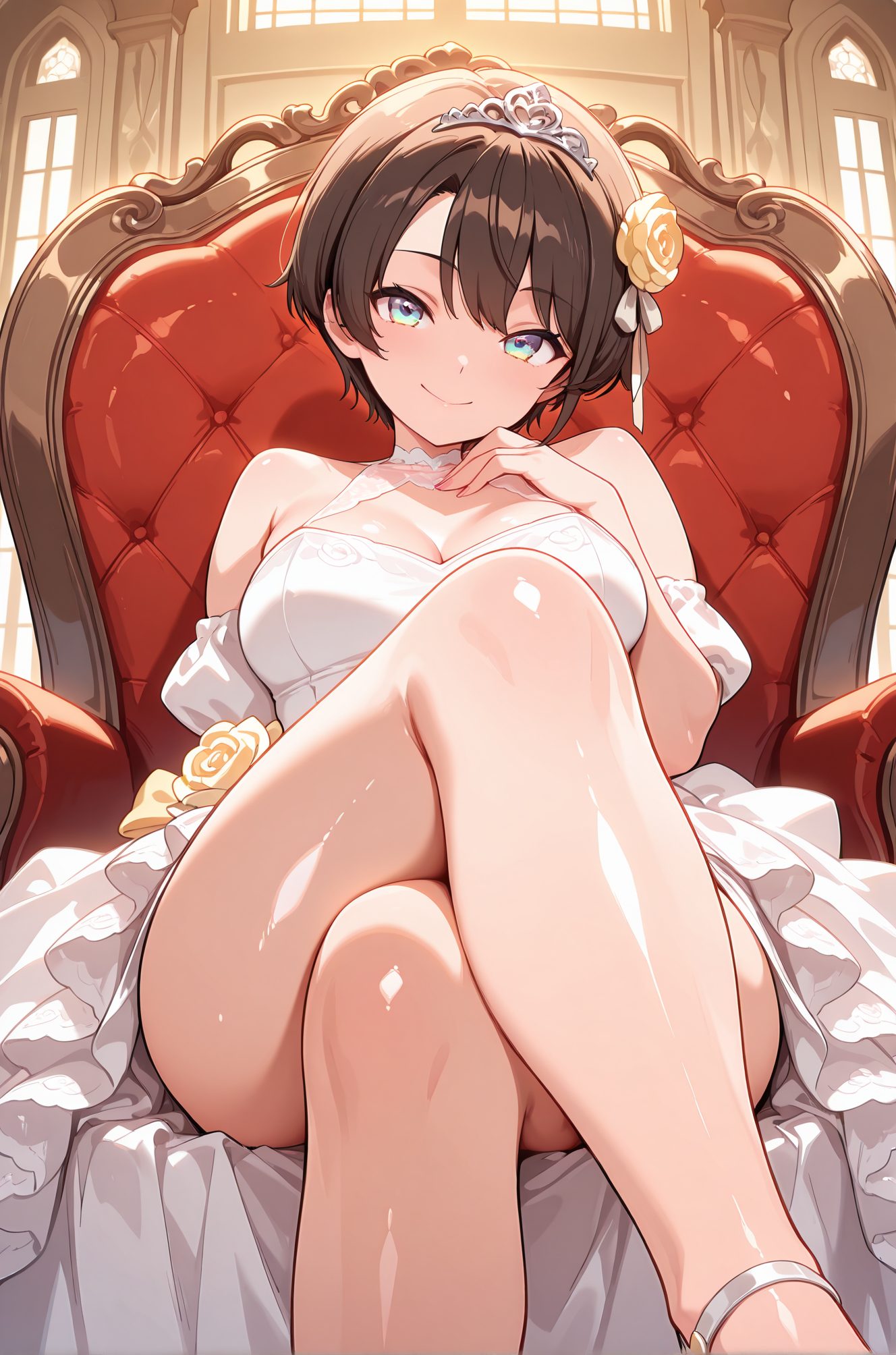 sensitive, 1girl, solo, breasts, looking_at_viewer, blush, smile, short_hair, bangs, blue_eyes, large_breasts, brown_hair, hair_ornament, dress, cleavage, bare_shoulders, sitting, closed_mouth, flower, thighs, detached_sleeves, alternate_costume, puffy_sleeves, indoors, virtual_youtuber, hair_flower, white_dress, aqua_eyes, legs, bare_legs, window, feet_out_of_frame, swept_bangs, rose, halterneck, chair, white_footwear, frilled_dress, crossed_legs, tiara, yellow_flower, yellow_rose, oozora_subaru, 赤面, 笑顔, 短い髪, 前髪, 青い目, 大きな胸, 茶髪, 髪飾り, 肩出し, 座り, 口閉じ, バーチャルYouTuber, 髪の花, 大空スバル, Posted