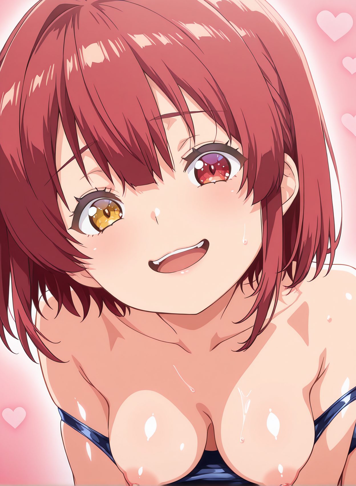 questionable, 1girl, solo, breasts, looking_at_viewer, blush, smile, short_hair, open_mouth, bangs, red_eyes, bare_shoulders, medium_breasts, nipples, collarbone, swimsuit, yellow_eyes, upper_body, :d, heart, red_hair, sweat, teeth, shiny, virtual_youtuber, one-piece_swimsuit, shiny_skin, heterochromia, clothes_pull, pink_background, school_swimsuit, strap_slip, blue_one-piece_swimsuit, one-piece_swimsuit_pull, houshou_marine, 赤面, 恥じらい, 笑顔, 乳首, 汗, 水着, ぱっつん, ワンピース, スクール水着, ホロライブ, 宝鐘マリン, バーチャルYouTuber, 短い髪, 口開き, 前髪, 赤い目, 肩出し, 中くらいの胸, 鎖骨, 赤髪, 光沢, ワンピース水着, 光沢肌, 学校水着, Posted, スクール水着_posted