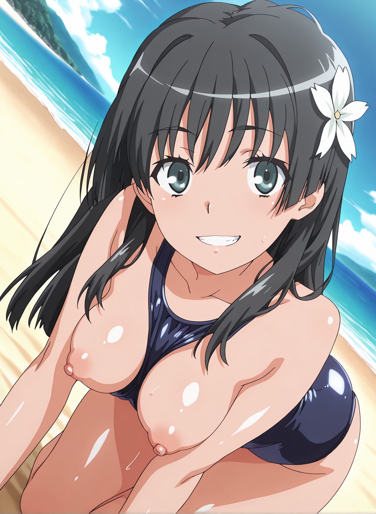 questionable, 1girl, solo, long_hair, breasts, looking_at_viewer, smile, black_hair, hair_ornament, medium_breasts, nipples, green_eyes, collarbone, swimsuit, flower, outdoors, sky, day, shiny, cloud, hair_flower, water, grin, one-piece_swimsuit, shiny_skin, dutch_angle, ocean, beach, school_swimsuit, breasts_out, all_fours, between_breasts, puffy_nipples, saten_ruiko, 笑顔, ワンピース, 乳首, 水着, スクール水着, 長い髪, 黒髪, 髪飾り, 中くらいの胸, 緑の目, 鎖骨, 光沢, 髪の花, ワンピース水着, 光沢肌, 学校水着, 胸出し, 四つん這い, 佐天涙子