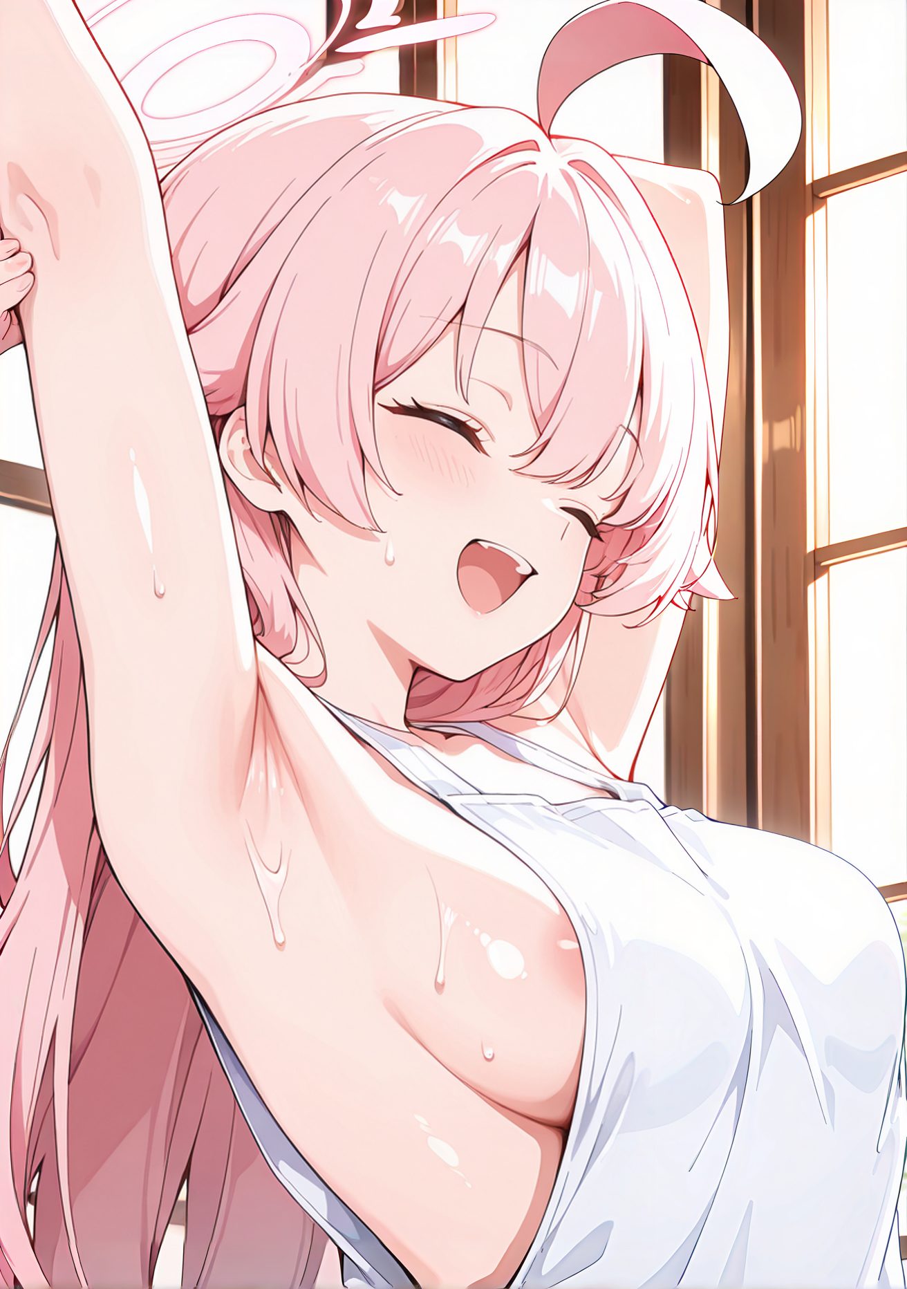 questionable, 1girl, solo, long_hair, breasts, blush, smile, open_mouth, bangs, large_breasts, closed_eyes, upper_body, pink_hair, ahoge, :d, sweat, teeth, indoors, armpits, apron, arms_up, bare_arms, window, sideboob, ^_^, upper_teeth_only, halo, arms_behind_head, areola_slip, stretching, naked_apron, hoshino_(blue_archive), 長い髪, 赤面, 笑顔, 口開き, 前髪, 大きな胸, ピンク髪, アホ毛, 汗, ホシノ（ブルーアーカイブ）, Posted, ホシノ_posted