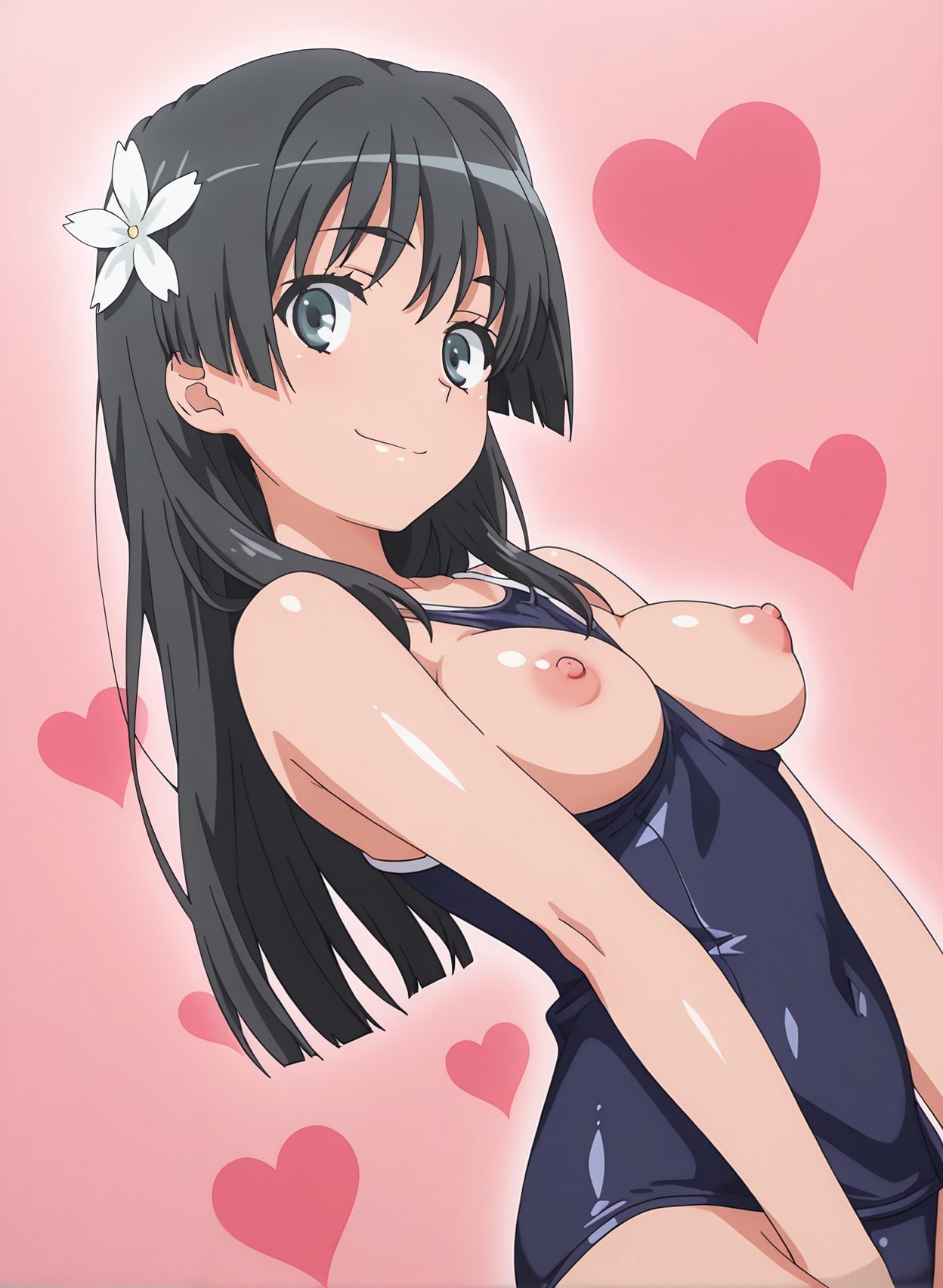 questionable, 1girl, solo, long_hair, breasts, looking_at_viewer, smile, bangs, black_hair, hair_ornament, medium_breasts, closed_mouth, nipples, green_eyes, swimsuit, flower, heart, shiny, hair_flower, one-piece_swimsuit, shiny_skin, covered_navel, pink_background, school_swimsuit, breasts_out, between_breasts, blue_one-piece_swimsuit, competition_school_swimsuit, saten_ruiko, 笑顔, 乳首, 水着, ぱっつん, ワンピース, スクール水着, Posted, 長い髪, 前髪, 黒髪, 髪飾り, 中くらいの胸, 口閉じ, 緑の目, 光沢, 髪の花, ワンピース水着, 光沢肌, 学校水着, 胸出し, 競泳用スクール水着, 佐天涙子