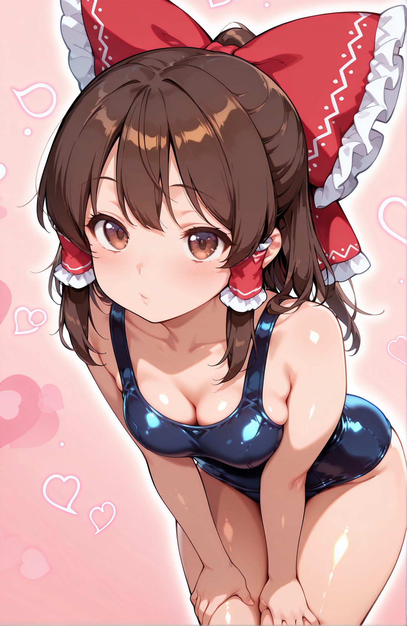 sensitive, 1girl, solo, breasts, looking_at_viewer, blush, bangs, brown_hair, bow, cleavage, bare_shoulders, brown_eyes, medium_breasts, closed_mouth, collarbone, swimsuit, hair_bow, heart, sidelocks, thighs, cowboy_shot, frills, shiny, red_bow, one-piece_swimsuit, shiny_skin, bare_arms, leaning_forward, hair_tubes, pink_background, school_swimsuit, shiny_clothes, blue_one-piece_swimsuit, frilled_bow, hakurei_reimu, 赤面, 前髪, 茶髪, ボウ, 肩出し, 中くらいの胸, 口閉じ, 鎖骨, 水着, 髪ボウ, サイドロック, 光沢, 赤リボン, ワンピース水着, 光沢肌, 学校水着, 博麗霊夢