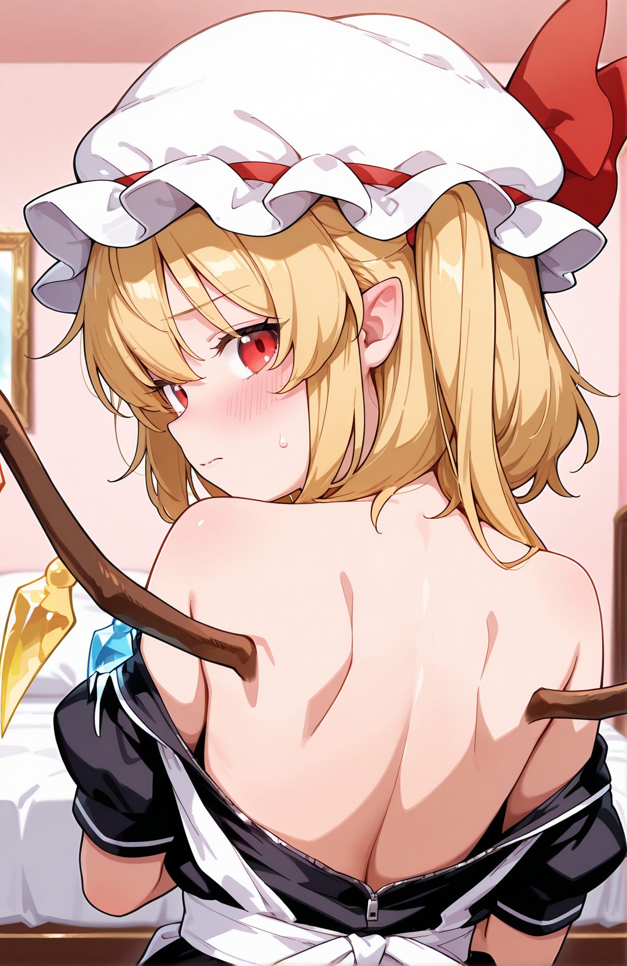 sensitive, 1girl, solo, breasts, looking_at_viewer, blush, bangs, blonde_hair, red_eyes, hat, dress, ribbon, bare_shoulders, medium_breasts, closed_mouth, upper_body, short_sleeves, wings, alternate_costume, pointy_ears, looking_back, indoors, from_behind, sweatdrop, black_dress, red_ribbon, puffy_short_sleeves, maid, white_headwear, one_side_up, back, mob_cap, hat_ribbon, crystal, enmaided, bare_back, shoulder_blades, back_focus, flandre_scarlet, 赤面, 前髪, 金髪, 赤い目, 帽子, リボン, 肩出し, 中くらいの胸, 口閉じ, 汗滴, 赤リボン, 白頭飾, 片側アップ, モブキャップ, 帽子リボン, フランドール・スカーレット, フランドール_posted