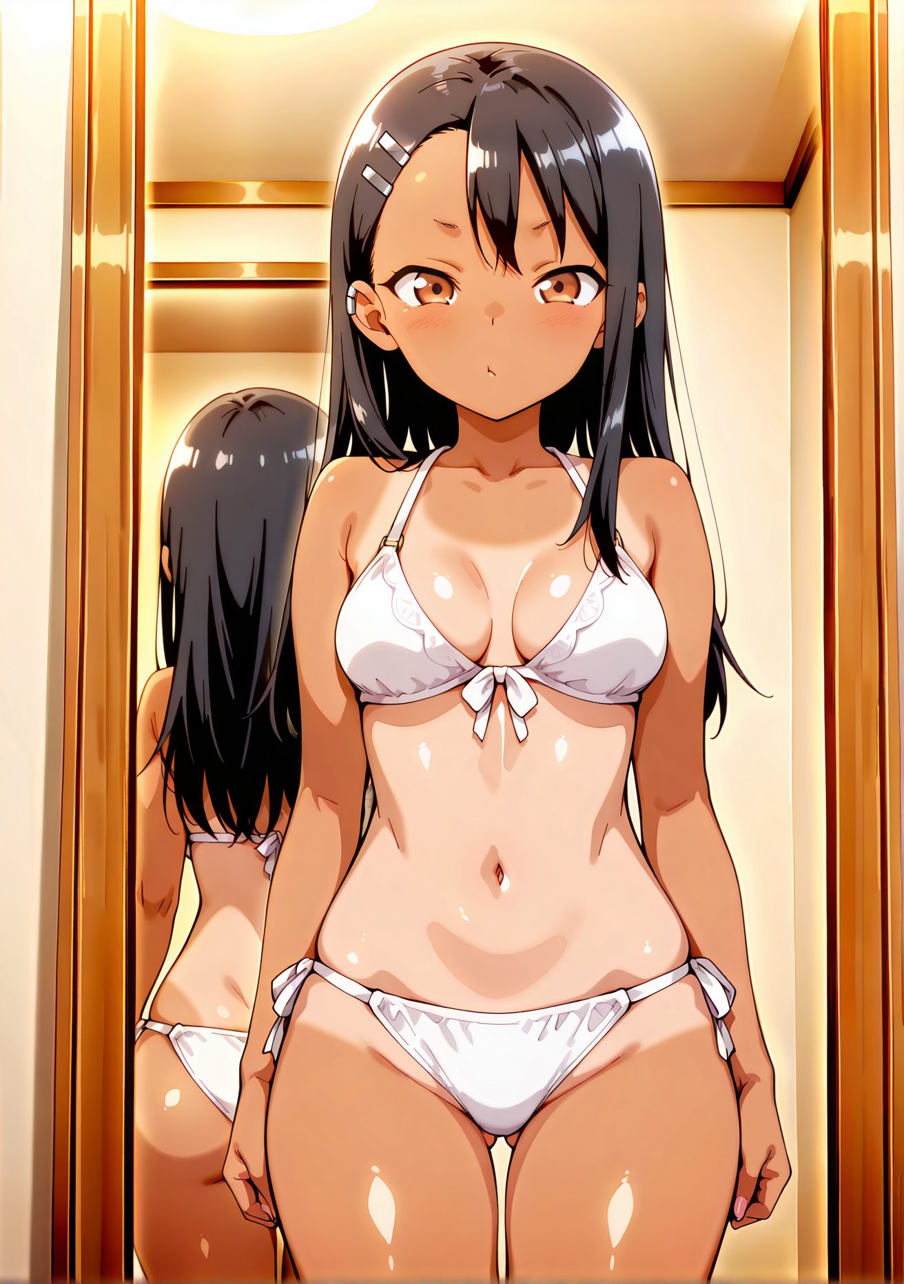 sensitive, 1girl, solo, long_hair, breasts, looking_at_viewer, blush, bangs, black_hair, hair_ornament, navel, brown_eyes, medium_breasts, standing, collarbone, swimsuit, ass, bikini, cowboy_shot, hairclip, shiny, indoors, dark_skin, dark-skinned_female, shiny_skin, side-tie_bikini_bottom, ass_visible_through_thighs, white_bikini, thigh_gap, tan, front-tie_top, reflection, tanlines, mirror, one-piece_tan, earclip, nagatoro_hayase, 長い髪, 赤面, 前髪, 黒髪, 髪飾り, 中くらいの胸, 鎖骨, 水着, ビキニ, ヘアクリップ, 光沢, 褐色肌, 褐色女性, 光沢肌, 日焼け, フロントタイトップ, 日焼け跡, 一枚水着の日焼け, 長瀞早瀬