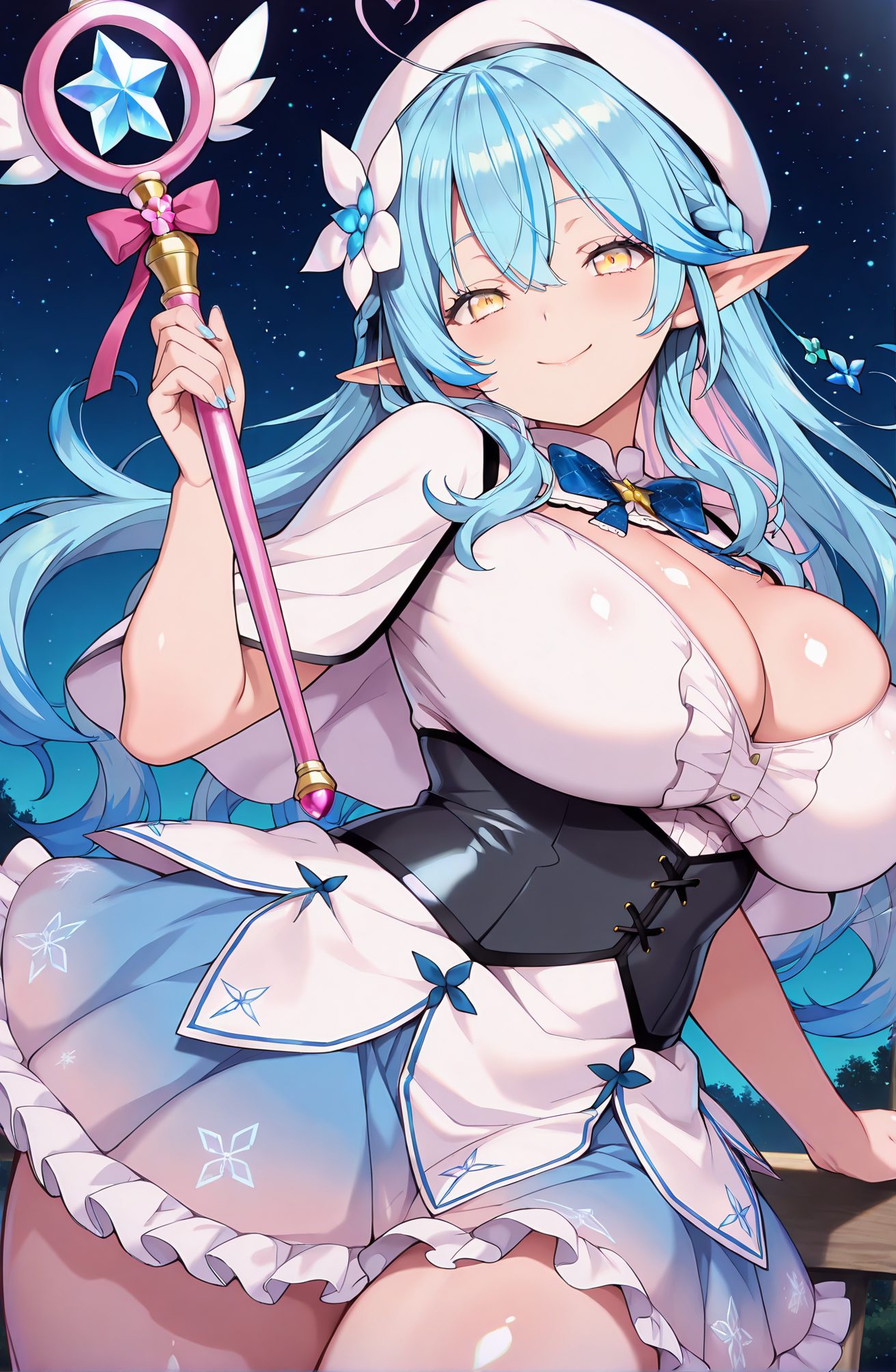 sensitive, 1girl, solo, long_hair, breasts, looking_at_viewer, blush, smile, bangs, skirt, large_breasts, hair_ornament, hat, bow, holding, cleavage, hair_between_eyes, closed_mouth, blue_hair, yellow_eyes, braid, flower, ahoge, heart, thighs, multicolored_hair, frills, sky, pointy_ears, virtual_youtuber, hair_flower, bowtie, nail_polish, blue_skirt, streaked_hair, shiny_skin, clothing_cutout, capelet, night, beret, white_headwear, thick_thighs, magical_girl, cleavage_cutout, frilled_skirt, staff, elf, star_(sky), night_sky, corset, starry_sky, blue_nails, wand, underbust, colored_tips, heart_ahoge, yukihana_lamy, 長い髪, 赤面, 笑顔, 前髪, スカート, 大きな胸, 髪飾り, 帽子, ボウ, 目にかかる髪, 口閉じ, 青髪, アホ毛, 多色髪, バーチャルYouTuber, 髪の花, 光沢肌, ケープレット, ベレー帽, 白頭飾, 雪花ラミィ, 雪花ラミィ_posted