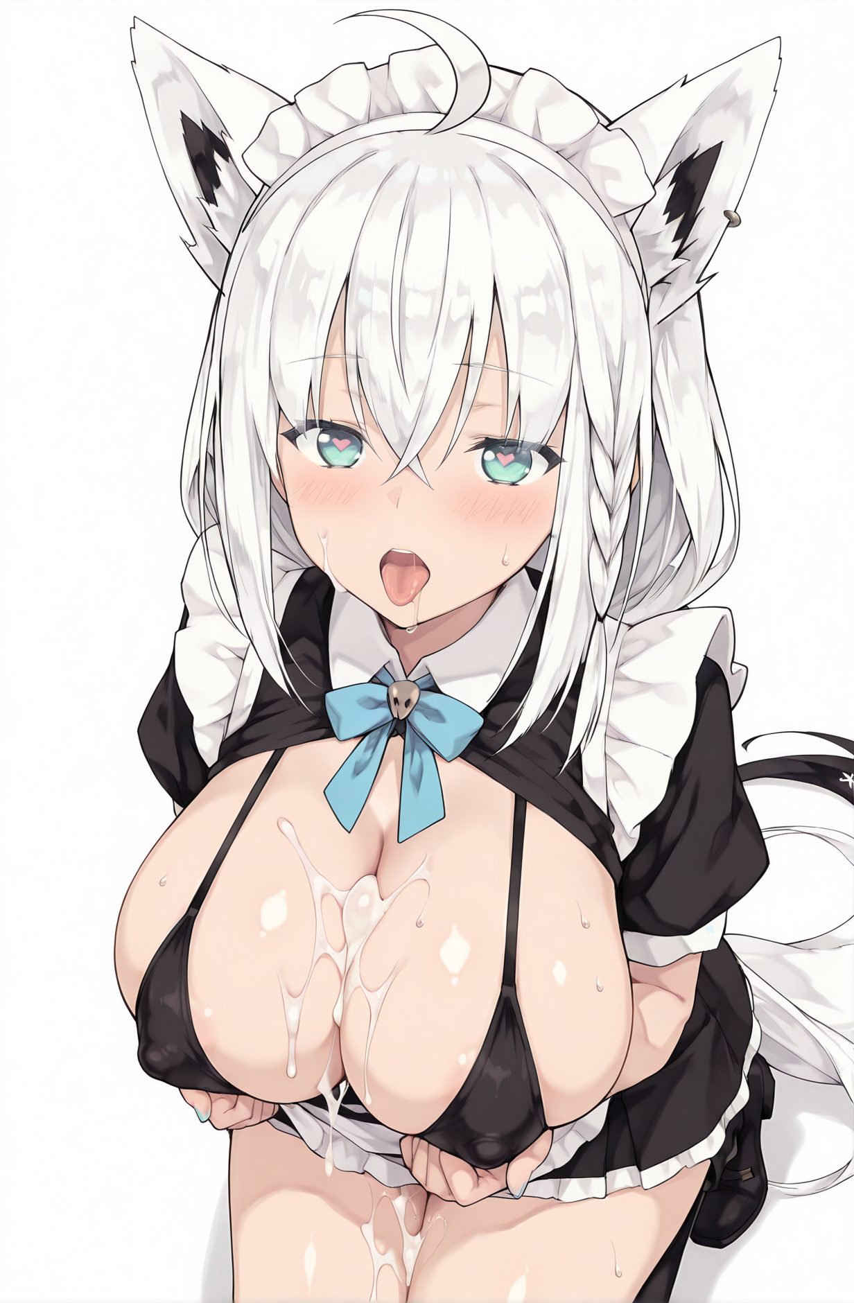 explicit, 1girl, solo, long_hair, breasts, looking_at_viewer, blush, open_mouth, bangs, large_breasts, simple_background, white_background, animal_ears, cleavage, hair_between_eyes, green_eyes, tail, swimsuit, braid, ahoge, white_hair, short_sleeves, heart, bikini, sweat, earrings, alternate_costume, tongue, virtual_youtuber, cum, tongue_out, bowtie, black_footwear, apron, black_dress, covered_nipples, aqua_eyes, animal_ear_fluff, maid, symbol-shaped_pupils, maid_headdress, fox_ears, single_braid, fox_tail, black_bikini, blue_bow, heart-shaped_pupils, cum_on_body, fox_girl, ear_piercing, cum_on_breasts, side_braid, maid_apron, alternate_breast_size, enmaided, blue_bowtie, shirakami_fubuki, 長い髪, 赤面, 口開き, 前髪, 大きな胸, 動物耳, 目にかかる髪, 緑の目, 水着, アホ毛, 白髪, ビキニ, 汗, イヤリング, バーチャルYouTuber, 精液, 舌出し, ハート目, ぶっかけ（体）, 胸へのぶっかけ, 白上フブキ