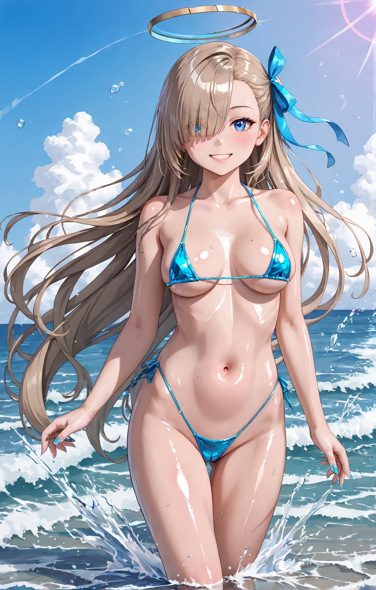 sensitive, questionable, 1girl, solo, long_hair, breasts, looking_at_viewer, blush, smile, bangs, blue_eyes, ribbon, navel, bare_shoulders, medium_breasts, very_long_hair, collarbone, swimsuit, hair_ribbon, bikini, thighs, cowboy_shot, outdoors, sky, alternate_costume, day, shiny, cloud, water, stomach, mole, hair_over_one_eye, grin, blue_sky, wet, shiny_skin, cameltoe, ocean, highleg, ass_visible_through_thighs, halo, thigh_gap, light_brown_hair, blue_ribbon, tan, string_bikini, micro_bikini, blue_bikini, wading, mole_on_breast, highleg_swimsuit, highleg_bikini, asuna_(blue_archive), 長い髪, 赤面, 笑顔, 前髪, 青い目, リボン, 肩出し, 中くらいの胸, とても長い髪, 鎖骨, 水着, 髪リボン, ビキニ, 光沢, 光沢肌, 日焼け, ストリングビキニ, マイクロビキニ, ハイレグ水着, ハイレグビキニ, アスナ（ブルーアーカイブ）