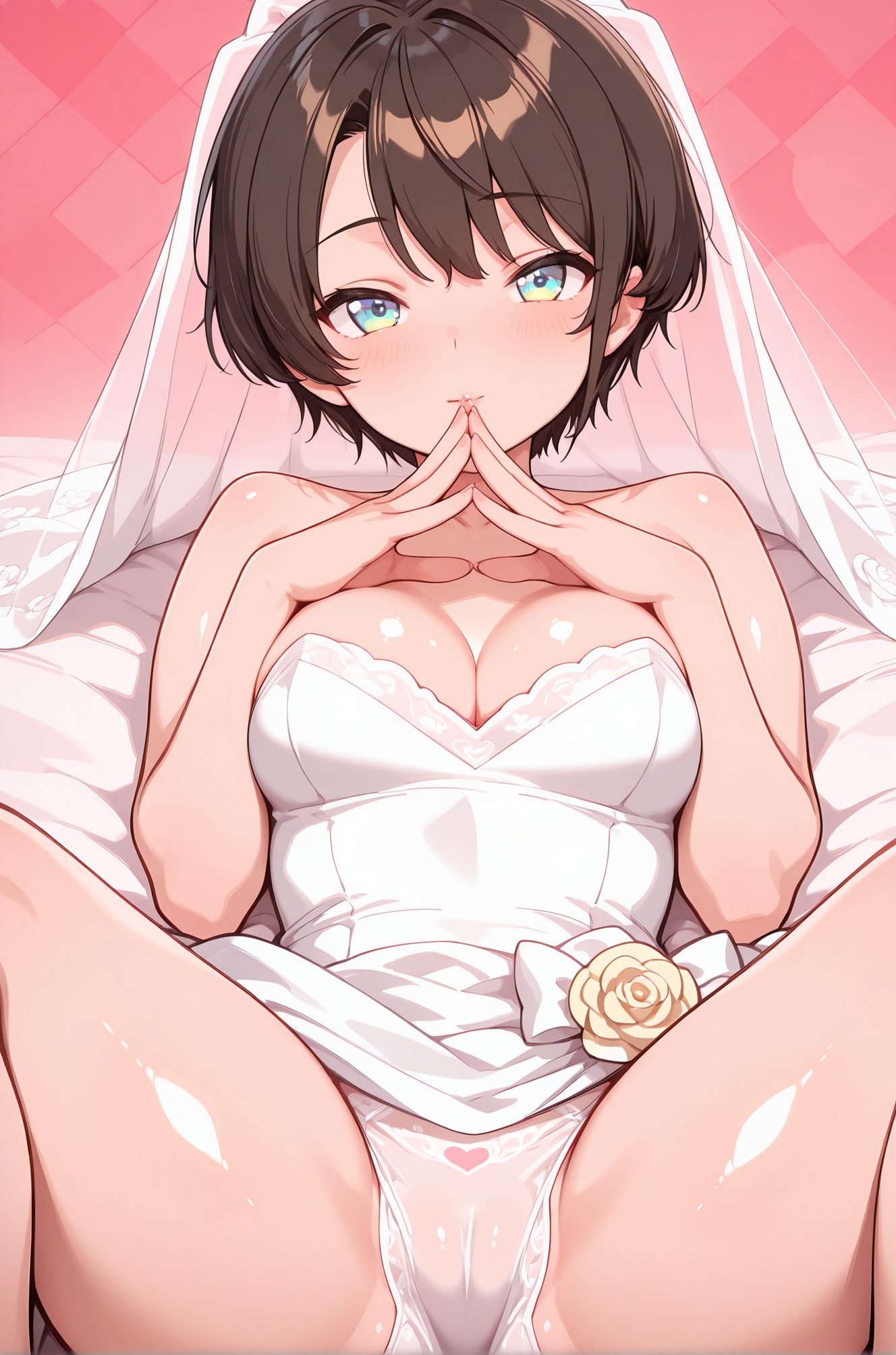 questionable, 1girl, solo, breasts, looking_at_viewer, blush, smile, short_hair, bangs, blue_eyes, brown_hair, black_hair, dress, bow, cleavage, bare_shoulders, medium_breasts, closed_mouth, underwear, collarbone, panties, flower, shiny, virtual_youtuber, spread_legs, on_back, white_dress, white_panties, aqua_eyes, see-through, shiny_skin, strapless, cameltoe, swept_bangs, veil, strapless_dress, wedding_dress, bridal_veil, steepled_fingers, oozora_subaru, 赤面, 笑顔, 短い髪, 前髪, 青い目, 茶髪, 黒髪, ボウ, 肩出し, 中くらいの胸, 口閉じ, 下着, 鎖骨, パンツ, 光沢, バーチャルYouTuber, 脚開き, 仰向け, 光沢肌, 大空スバル