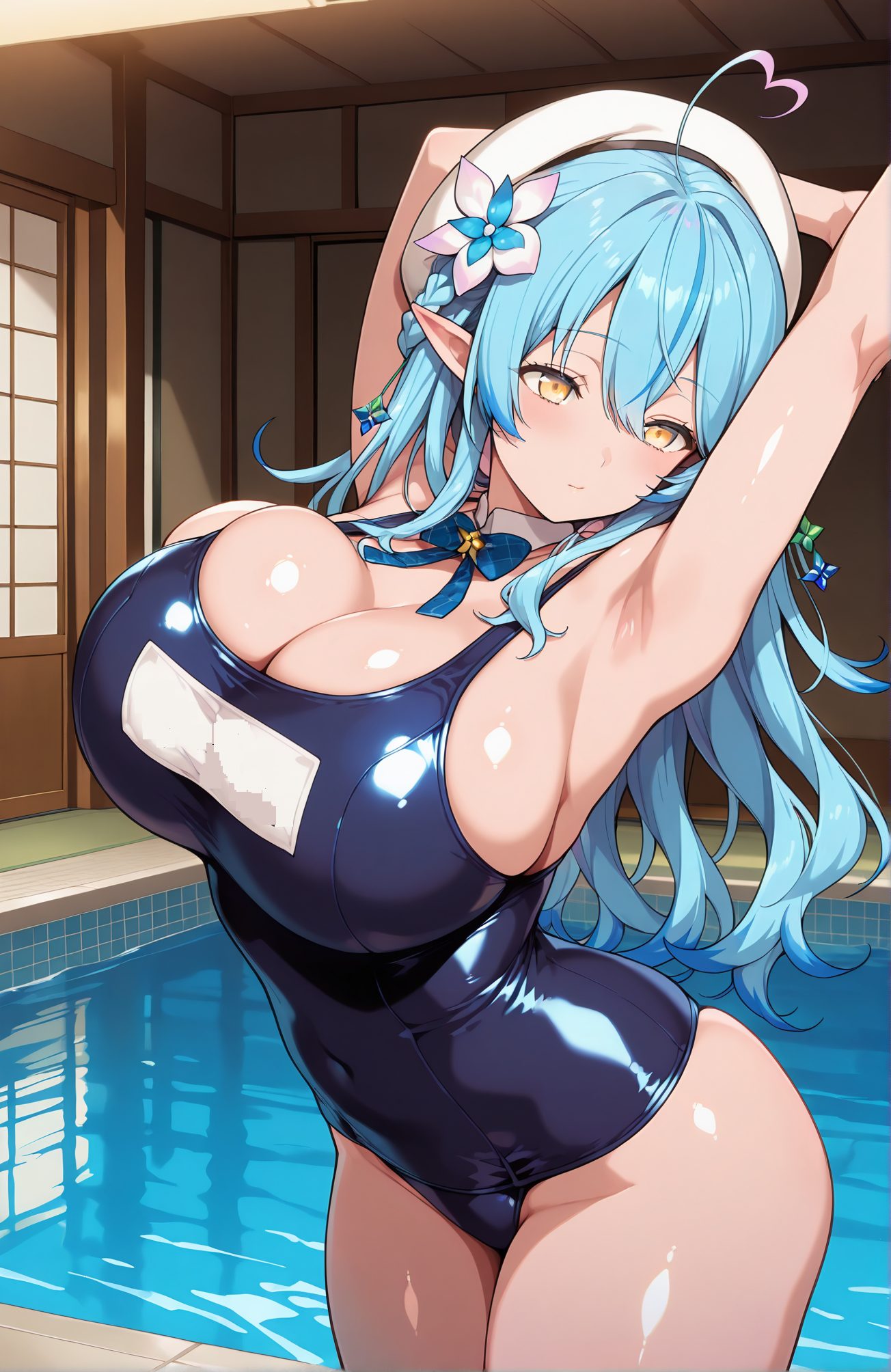 sensitive, 1girl, solo, long_hair, breasts, blush, bangs, hair_ornament, hat, bow, cleavage, hair_between_eyes, closed_mouth, blue_hair, swimsuit, yellow_eyes, flower, ahoge, heart, thighs, multicolored_hair, pointy_ears, shiny, indoors, virtual_youtuber, hair_flower, bowtie, armpits, water, huge_breasts, arms_up, streaked_hair, one-piece_swimsuit, shiny_skin, covered_navel, skindentation, detached_collar, beret, white_headwear, school_swimsuit, elf, arms_behind_head, shiny_clothes, blue_one-piece_swimsuit, name_tag, pool, heart_ahoge, yukihana_lamy, 長い髪, 赤面, 前髪, 髪飾り, 帽子, ボウ, 目にかかる髪, 口閉じ, 青髪, 水着, アホ毛, 多色髪, 光沢, バーチャルYouTuber, 髪の花, 巨大な胸, ワンピース水着, 光沢肌, ベレー帽, 白頭飾, 学校水着, 雪花ラミィ, 雪花ラミィ_posted