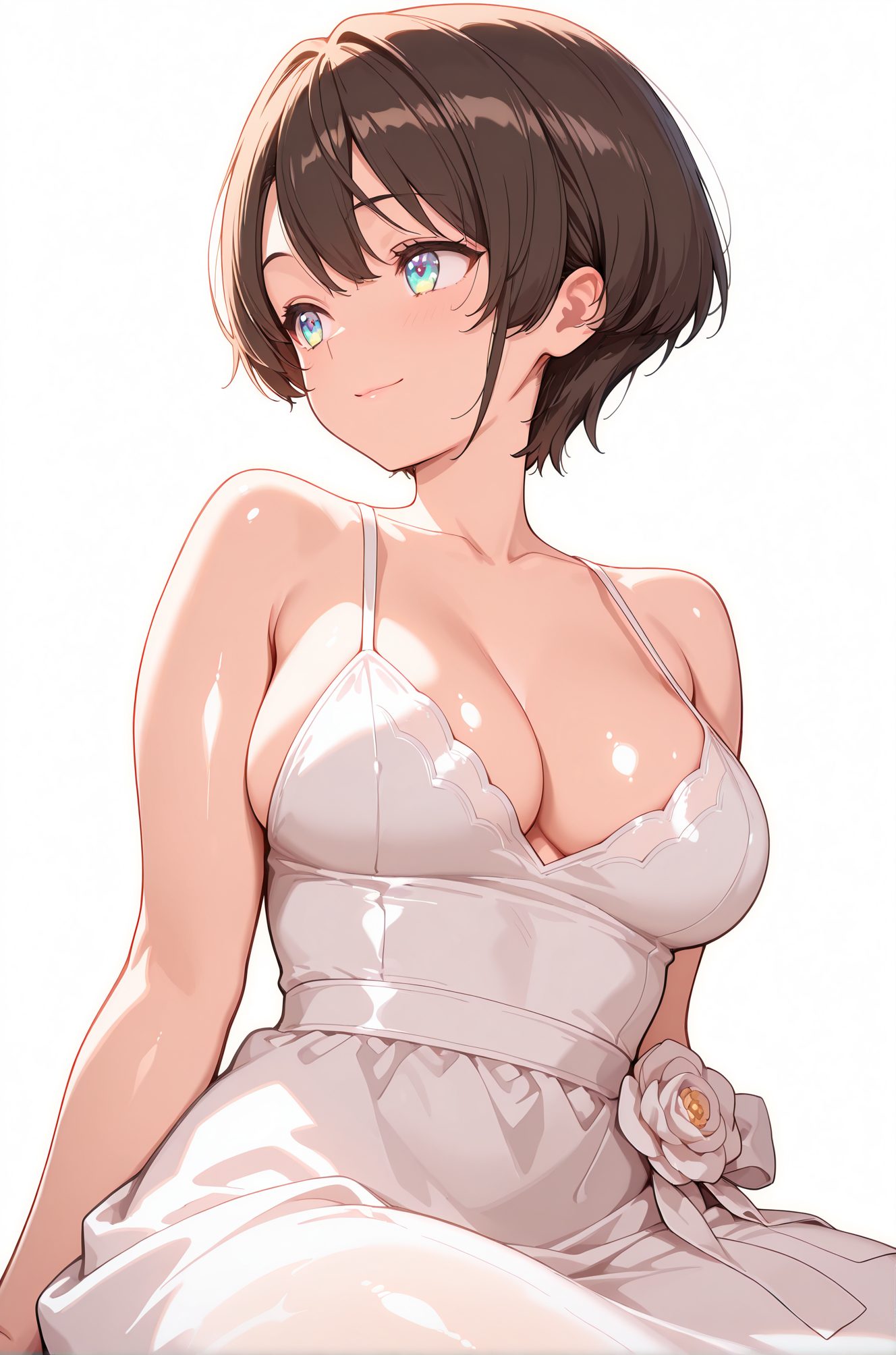 sensitive, 1girl, solo, breasts, blush, smile, short_hair, bangs, blue_eyes, large_breasts, simple_background, brown_hair, white_background, dress, cleavage, bare_shoulders, sitting, closed_mouth, collarbone, flower, sleeveless, shiny, virtual_youtuber, white_dress, aqua_eyes, shiny_skin, looking_to_the_side, sleeveless_dress, swept_bangs, looking_away, spaghetti_strap, white_rose, oozora_subaru, 赤面, 笑顔, 短い髪, 前髪, 青い目, 大きな胸, 茶髪, 肩出し, 座り, 口閉じ, 鎖骨, 光沢, バーチャルYouTuber, 光沢肌, 大空スバル