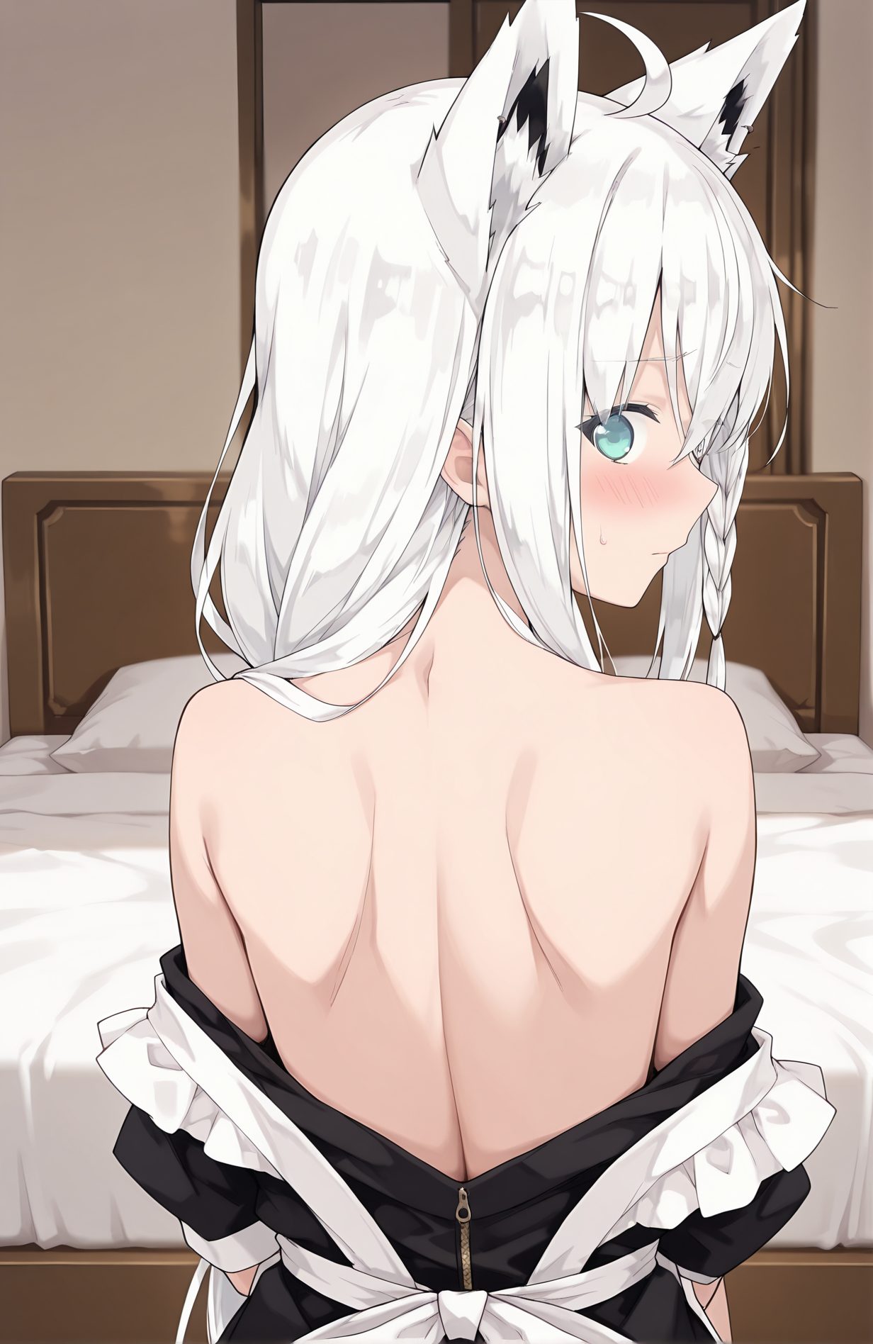 sensitive, 1girl, solo, long_hair, looking_at_viewer, blush, bangs, dress, animal_ears, hair_between_eyes, bare_shoulders, closed_mouth, upper_body, braid, ahoge, white_hair, looking_back, indoors, virtual_youtuber, off_shoulder, from_behind, black_dress, aqua_eyes, animal_ear_fluff, pillow, fox_ears, bed, on_bed, back, undressing, fox_girl, side_braid, bare_back, shoulder_blades, back_focus, shirakami_fubuki, 長い髪, 赤面, 前髪, 動物耳, 目にかかる髪, 肩出し, 口閉じ, アホ毛, 白髪, バーチャルYouTuber, 脱衣・着替え, 白上フブキ