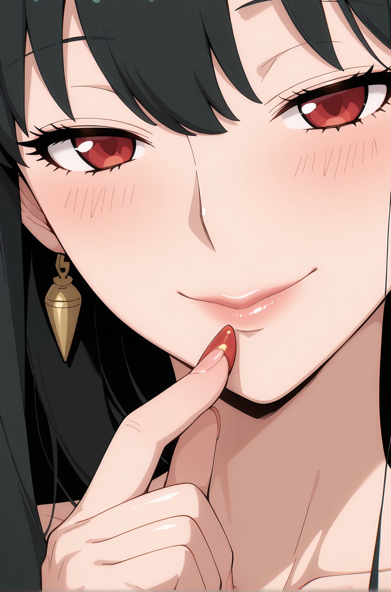 general, 1girl, solo, looking_at_viewer, blush, smile, bangs, black_hair, red_eyes, jewelry, closed_mouth, collarbone, hairband, earrings, nail_polish, lips, makeup, lipstick, portrait, red_nails, finger_to_mouth, close-up, red_lips, yor_briar, 赤面, 笑顔, 前髪, 黒髪, 赤い目, ジュエリー, 口閉じ, 鎖骨, ヘアバンド, イヤリング, ヨル・ブライア