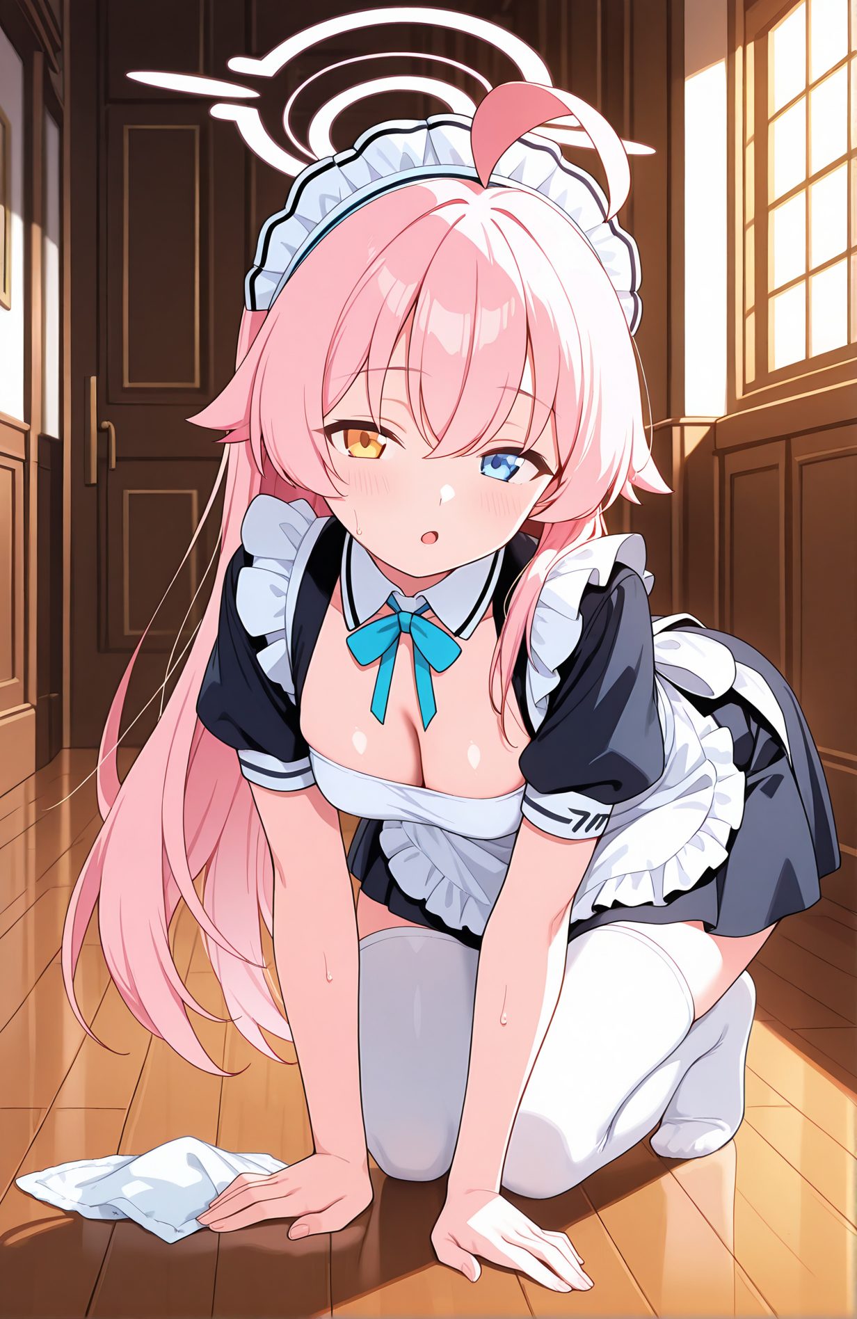 sensitive, 1girl, solo, long_hair, breasts, looking_at_viewer, blush, open_mouth, bangs, blue_eyes, thighhighs, dress, cleavage, hair_between_eyes, medium_breasts, very_long_hair, yellow_eyes, pink_hair, ahoge, short_sleeves, sweat, frills, alternate_costume, puffy_sleeves, indoors, :o, apron, black_dress, white_thighhighs, puffy_short_sleeves, maid, maid_headdress, heterochromia, halo, no_shoes, frilled_dress, all_fours, white_apron, maid_apron, frilled_apron, wooden_floor, enmaided, on_floor, hoshino_(blue_archive), 長い髪, 赤面, 口開き, 前髪, 青い目, 太ももハイソックス, 目にかかる髪, 中くらいの胸, とても長い髪, ピンク髪, アホ毛, 汗, 四つん這い, ホシノ（ブルーアーカイブ）