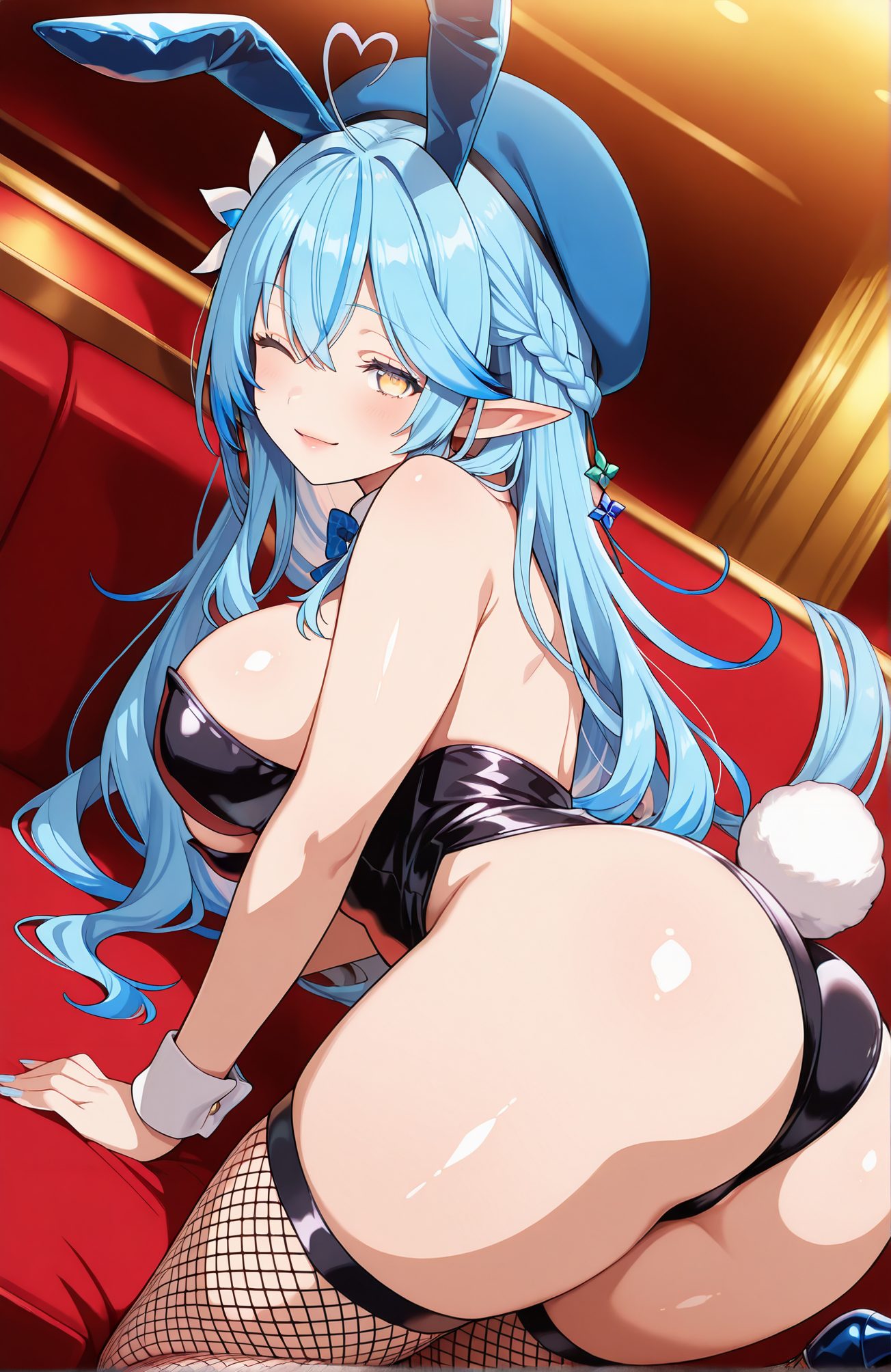sensitive, 1girl, solo, long_hair, breasts, looking_at_viewer, blush, smile, bangs, large_breasts, hair_ornament, thighhighs, hat, bow, animal_ears, hair_between_eyes, bare_shoulders, closed_mouth, blue_hair, tail, yellow_eyes, ass, braid, flower, ahoge, heart, thighs, multicolored_hair, one_eye_closed, pointy_ears, looking_back, virtual_youtuber, hair_flower, bowtie, nail_polish, rabbit_ears, high_heels, leotard, streaked_hair, wrist_cuffs, strapless, detached_collar, fake_animal_ears, beret, highleg, blue_bow, playboy_bunny, all_fours, elf, rabbit_tail, fishnets, couch, black_leotard, highleg_leotard, strapless_leotard, blue_nails, fake_tail, blue_bowtie, on_couch, fishnet_thighhighs, colored_tips, heart_ahoge, yukihana_lamy, 長い髪, 赤面, 笑顔, 前髪, 大きな胸, 髪飾り, 太ももハイソックス, 帽子, ボウ, 動物耳, 目にかかる髪, 肩出し, 口閉じ, 青髪, アホ毛, 多色髪, バーチャルYouTuber, 髪の花, うさ耳, レオタード, 偽動物耳, ベレー帽, プレイボーイバニー, 四つん這い, 黒レオタード, ハイレグレオタード, ストラップレスレオタード, 雪花ラミィ, 雪花ラミィ_posted