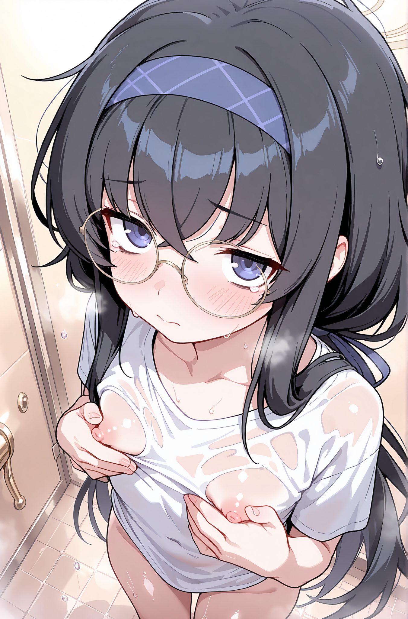 questionable, 1girl, solo, long_hair, breasts, looking_at_viewer, blush, bangs, blue_eyes, shirt, black_hair, closed_mouth, nipples, collarbone, white_shirt, hairband, small_breasts, glasses, tears, wet, see-through, bottomless, halo, wet_clothes, tearing_up, crossed_bangs, round_eyewear, bags_under_eyes, naked_shirt, wet_shirt, grabbing_own_breast, blue_hairband, ui_(blue_archive), 長い髪, 赤面, 前髪, 青い目, シャツ, 黒髪, 口閉じ, 乳首, 鎖骨, 白シャツ, ヘアバンド, 小さな胸, 涙, 下半身裸, ウイ（ブルーアーカイブ）