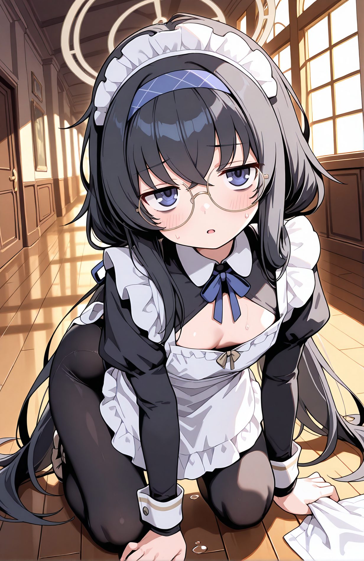 sensitive, 1girl, solo, long_hair, breasts, looking_at_viewer, blush, bangs, blue_eyes, black_hair, long_sleeves, dress, ribbon, hair_between_eyes, twintails, very_long_hair, pantyhose, sweat, hairband, small_breasts, frills, parted_lips, glasses, alternate_costume, puffy_sleeves, indoors, apron, black_dress, black_pantyhose, maid, maid_headdress, clothing_cutout, kneeling, halo, cleavage_cutout, blue_ribbon, juliet_sleeves, white_apron, maid_apron, frilled_apron, wooden_floor, crossed_bangs, enmaided, round_eyewear, on_floor, bags_under_eyes, blue_hairband, ui_(blue_archive), 長い髪, 赤面, 前髪, 青い目, 黒髪, リボン, 目にかかる髪, ツインテール, とても長い髪, パンスト, 汗, ヘアバンド, 小さな胸, ウイ（ブルーアーカイブ）