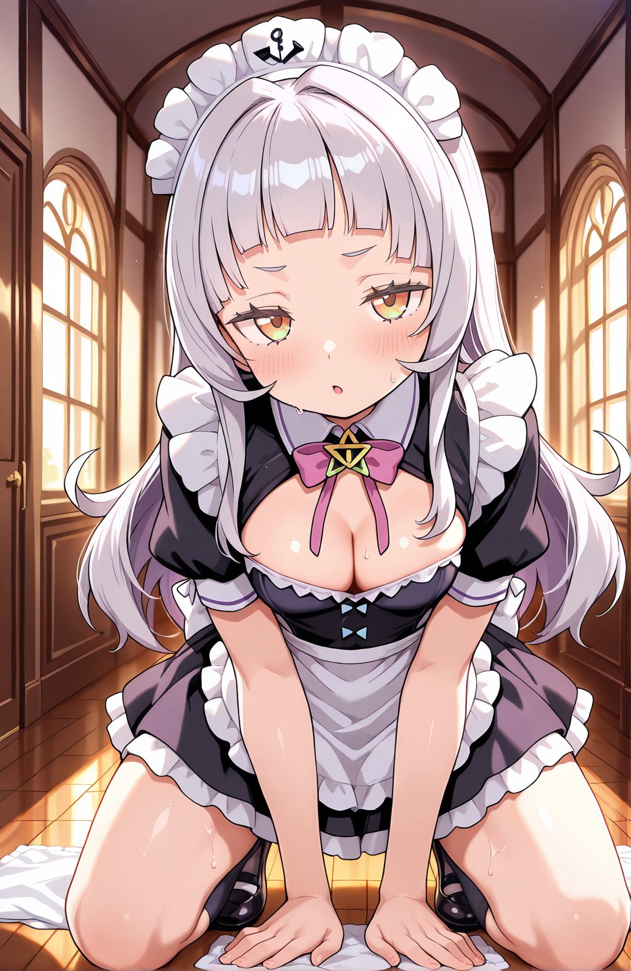 sensitive, 1girl, solo, long_hair, breasts, looking_at_viewer, blush, bangs, dress, bow, cleavage, medium_breasts, yellow_eyes, short_sleeves, grey_hair, thighs, sweat, frills, parted_lips, shoes, alternate_costume, puffy_sleeves, indoors, virtual_youtuber, blunt_bangs, black_footwear, apron, black_dress, orange_eyes, maid, maid_headdress, cleavage_cutout, squatting, frilled_dress, white_apron, maid_apron, frilled_apron, enmaided, murasaki_shion, 長い髪, 赤面, 前髪, ボウ, 中くらいの胸, 灰髪, 汗, 靴, バーチャルYouTuber, 紫咲シオン