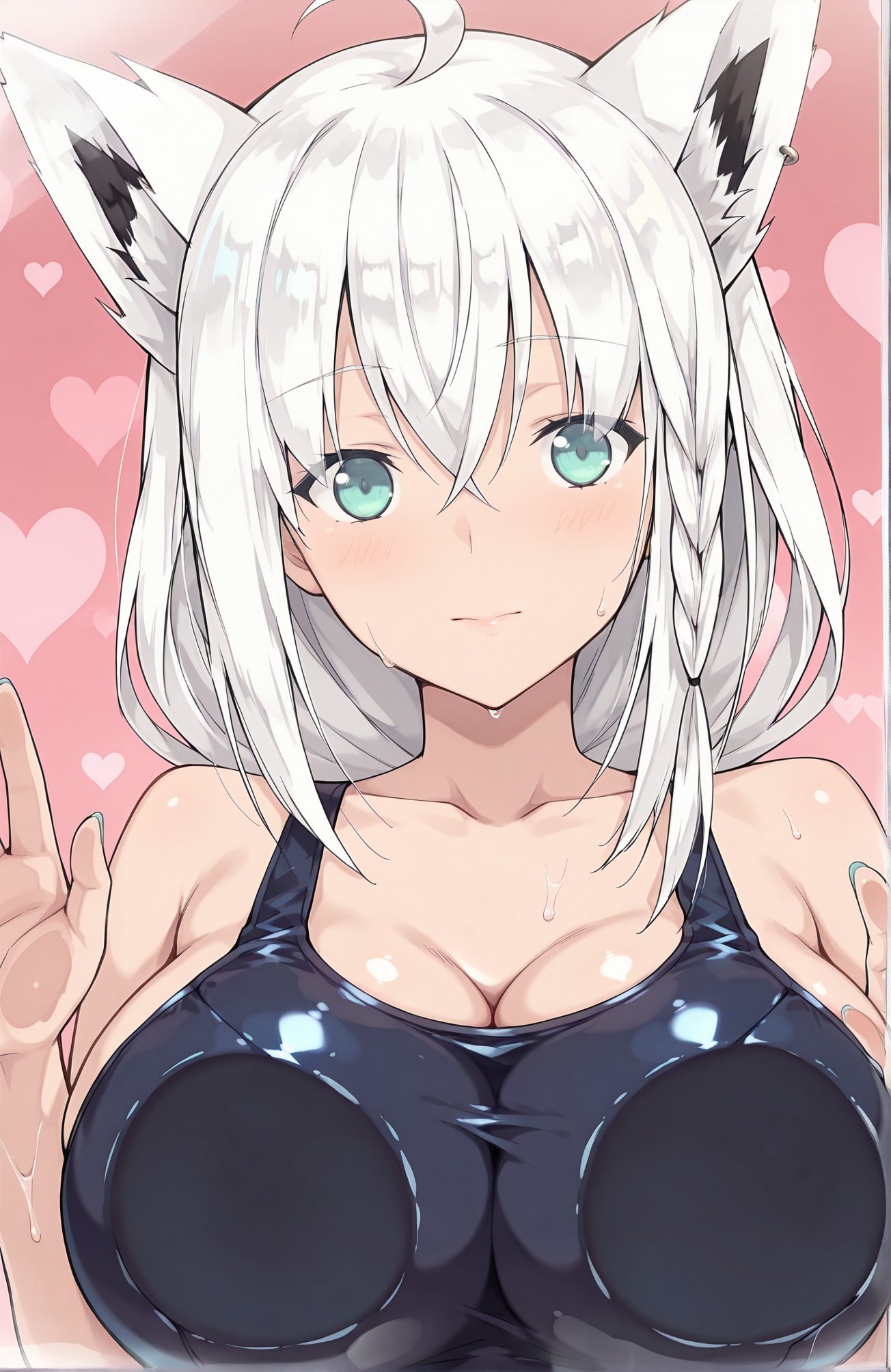 sensitive, 1girl, solo, long_hair, breasts, looking_at_viewer, blush, bangs, large_breasts, animal_ears, cleavage, hair_between_eyes, bare_shoulders, closed_mouth, collarbone, swimsuit, upper_body, braid, ahoge, white_hair, heart, shiny, virtual_youtuber, aqua_eyes, wet, animal_ear_fluff, one-piece_swimsuit, fox_ears, piercing, school_swimsuit, fox_girl, breast_press, ear_piercing, side_braid, against_glass, breasts_on_glass, shirakami_fubuki, 長い髪, 赤面, 前髪, 大きな胸, 動物耳, 目にかかる髪, 肩出し, 口閉じ, 鎖骨, 水着, アホ毛, 白髪, 光沢, バーチャルYouTuber, ワンピース水着, 学校水着, パイズリ, 白上フブキ