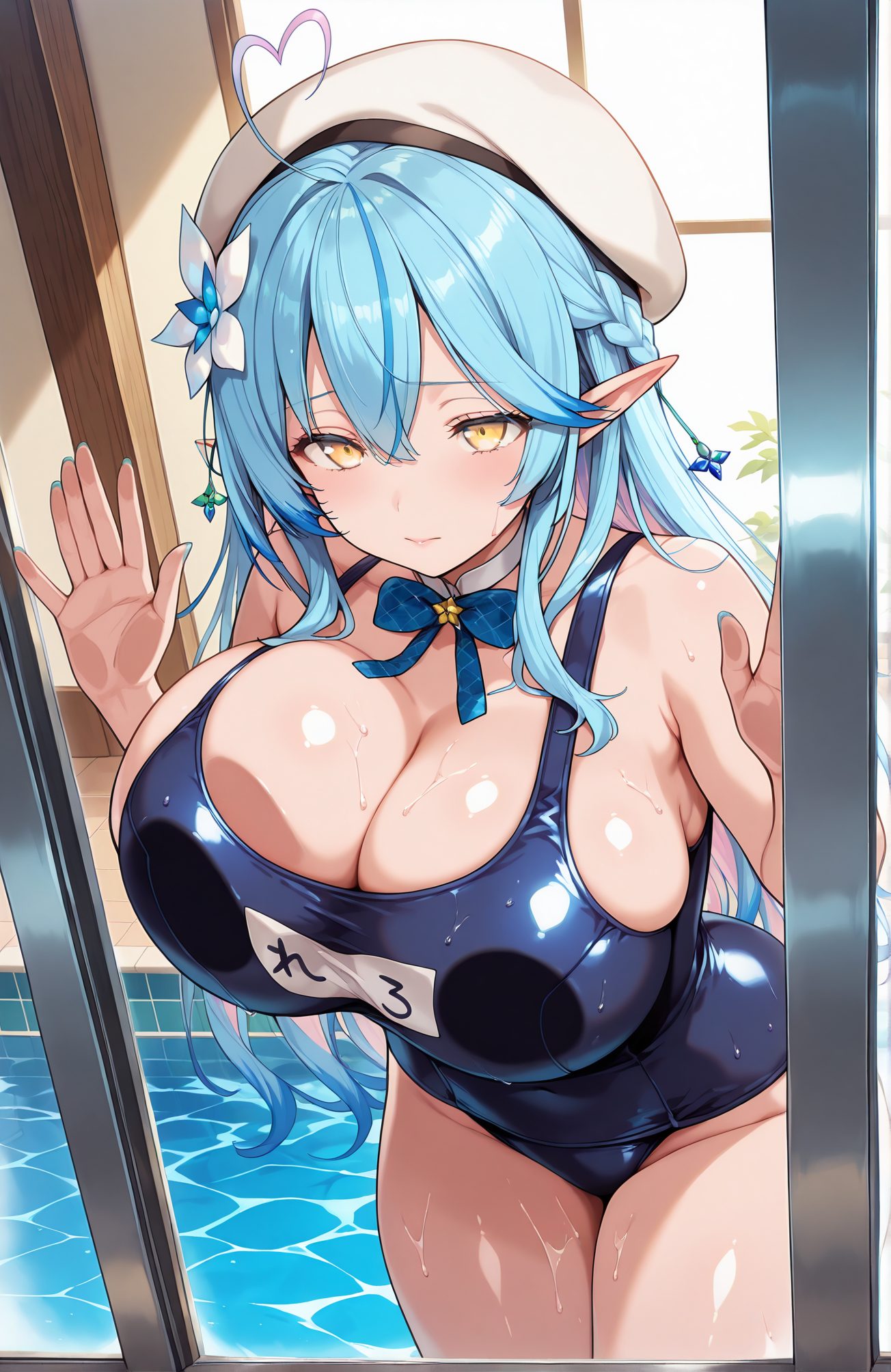 sensitive, 1girl, solo, long_hair, breasts, looking_at_viewer, blush, bangs, large_breasts, hair_ornament, hat, cleavage, hair_between_eyes, closed_mouth, blue_hair, swimsuit, yellow_eyes, braid, flower, ahoge, heart, thighs, multicolored_hair, pointy_ears, virtual_youtuber, hair_flower, bowtie, huge_breasts, streaked_hair, wet, one-piece_swimsuit, skindentation, beret, white_headwear, school_swimsuit, elf, breast_press, curvy, blue_one-piece_swimsuit, colored_tips, heart_ahoge, against_glass, snowflake_hair_ornament, breasts_on_glass, yukihana_lamy, 長い髪, 赤面, 前髪, 大きな胸, 髪飾り, 帽子, 目にかかる髪, 口閉じ, 青髪, 水着, アホ毛, 多色髪, バーチャルYouTuber, 髪の花, 巨大な胸, ワンピース水着, ベレー帽, 白頭飾, 学校水着, パイズリ, 雪花ラミィ, Posted, 雪花ラミィ_posted