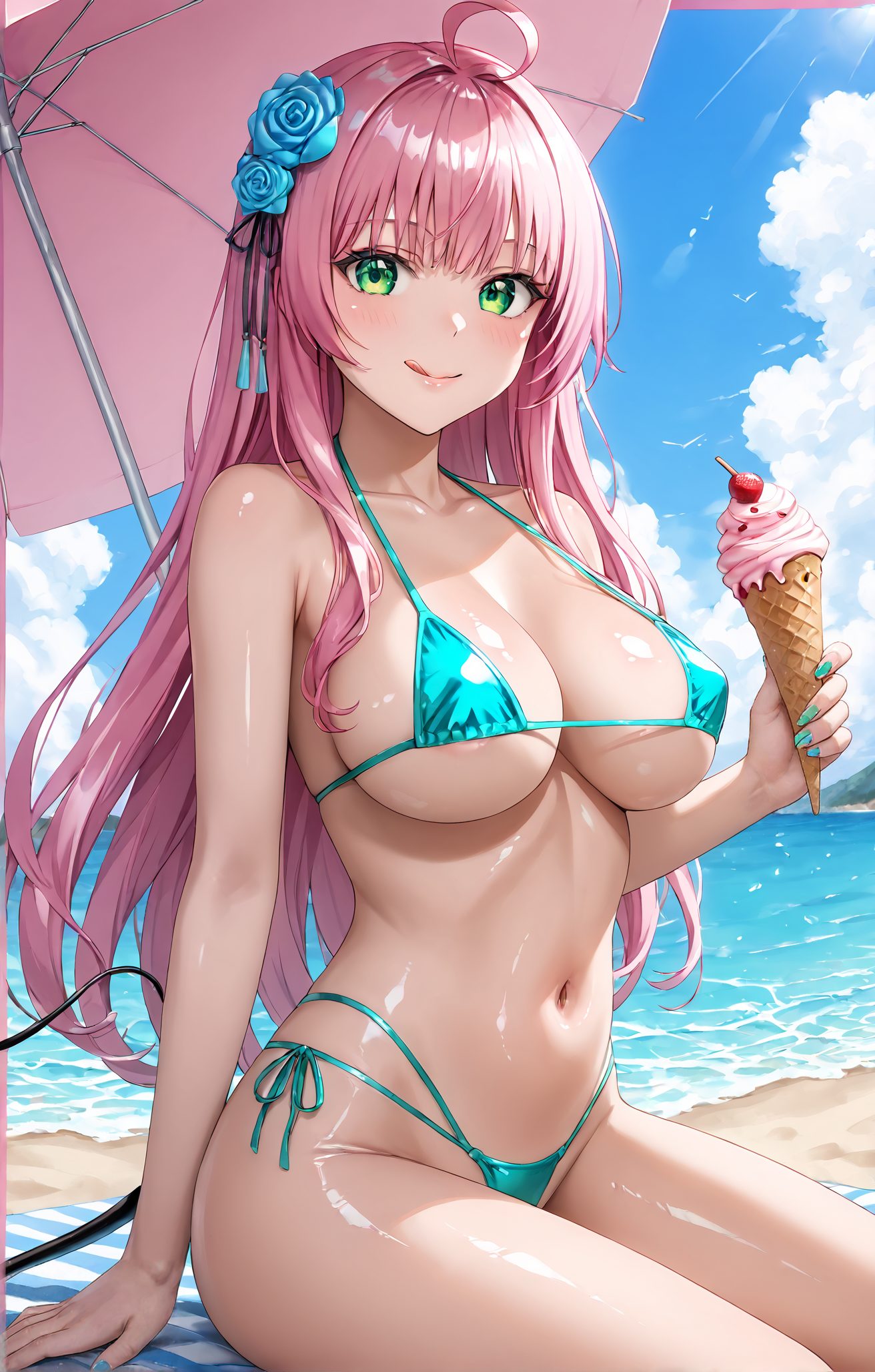 sensitive, 1girl, solo, long_hair, breasts, looking_at_viewer, blush, smile, bangs, large_breasts, hair_ornament, navel, holding, cleavage, bare_shoulders, sitting, closed_mouth, green_eyes, collarbone, tail, swimsuit, pink_hair, flower, ahoge, bikini, thighs, outdoors, food, sky, day, tongue, shiny, cloud, hair_flower, tongue_out, stomach, nail_polish, blue_sky, shiny_skin, bare_arms, underboob, side-tie_bikini_bottom, rose, ocean, umbrella, highleg, beach, holding_food, demon_tail, string_bikini, micro_bikini, blue_bikini, blue_nails, blue_flower, :q, ice_cream, aqua_nails, beach_umbrella, ice_cream_cone, lala_satalin_deviluke, 長い髪, 赤面, 笑顔, 前髪, 大きな胸, 髪飾り, 肩出し, 座り, 口閉じ, 緑の目, 鎖骨, 水着, ピンク髪, アホ毛, ビキニ, 光沢, 髪の花, 舌出し, 光沢肌, ストリングビキニ, マイクロビキニ, ララ・サタリン・デビルーク