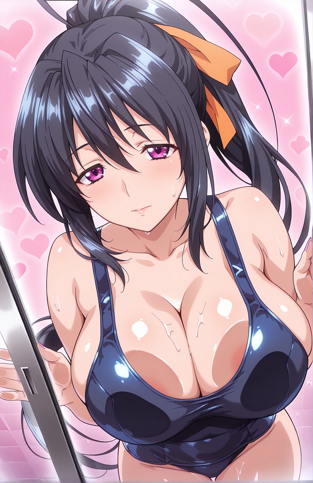 questionable, 1girl, solo, long_hair, breasts, looking_at_viewer, blush, smile, bangs, large_breasts, black_hair, ribbon, cleavage, hair_between_eyes, bare_shoulders, very_long_hair, closed_mouth, purple_eyes, collarbone, swimsuit, hair_ribbon, ponytail, heart, sidelocks, shiny, wet, one-piece_swimsuit, school_swimsuit, breast_press, areola_slip, blue_one-piece_swimsuit, against_glass, orange_ribbon, himejima_akeno, 長い髪, 赤面, 笑顔, 前髪, 大きな胸, 黒髪, リボン, 目にかかる髪, 肩出し, とても長い髪, 口閉じ, 鎖骨, 水着, 髪リボン, ポニーテール, サイドロック, 光沢, ワンピース水着, 学校水着, パイズリ, 姫島朱乃