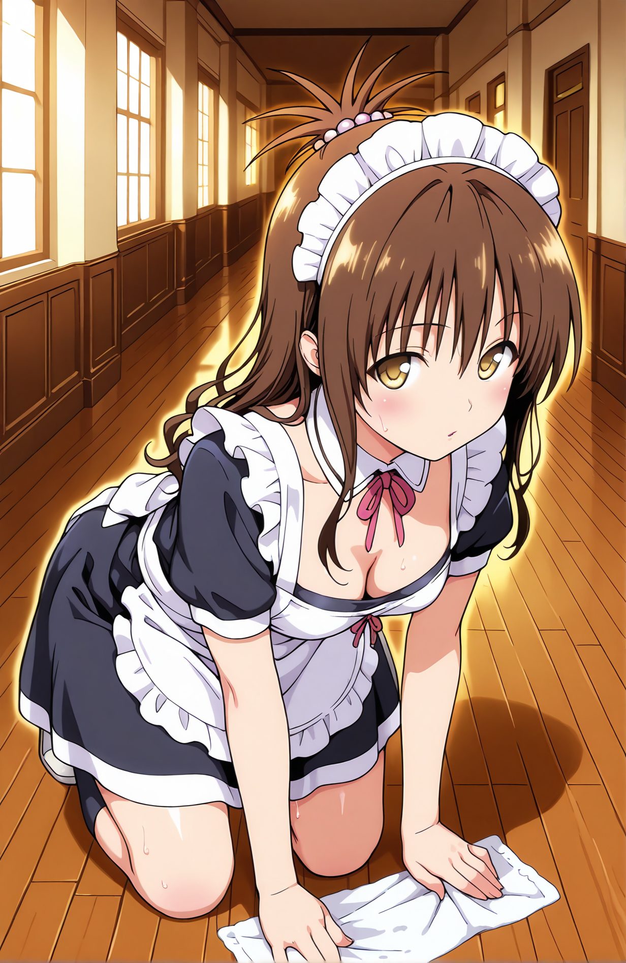 sensitive, 1girl, solo, long_hair, breasts, looking_at_viewer, blush, bangs, brown_hair, hair_ornament, dress, ribbon, cleavage, brown_eyes, medium_breasts, yellow_eyes, short_sleeves, sweat, small_breasts, frills, shoes, alternate_costume, socks, puffy_sleeves, indoors, apron, black_dress, puffy_short_sleeves, maid, maid_headdress, kneeling, detached_collar, all_fours, black_socks, white_apron, maid_apron, wooden_floor, enmaided, downblouse, cleaning, yuuki_mikan, 長い髪, 赤面, 前髪, 茶髪, 髪飾り, リボン, 中くらいの胸, 汗, 小さな胸, 靴, ソックス, 四つん這い, 黒ソックス, 結城美柑