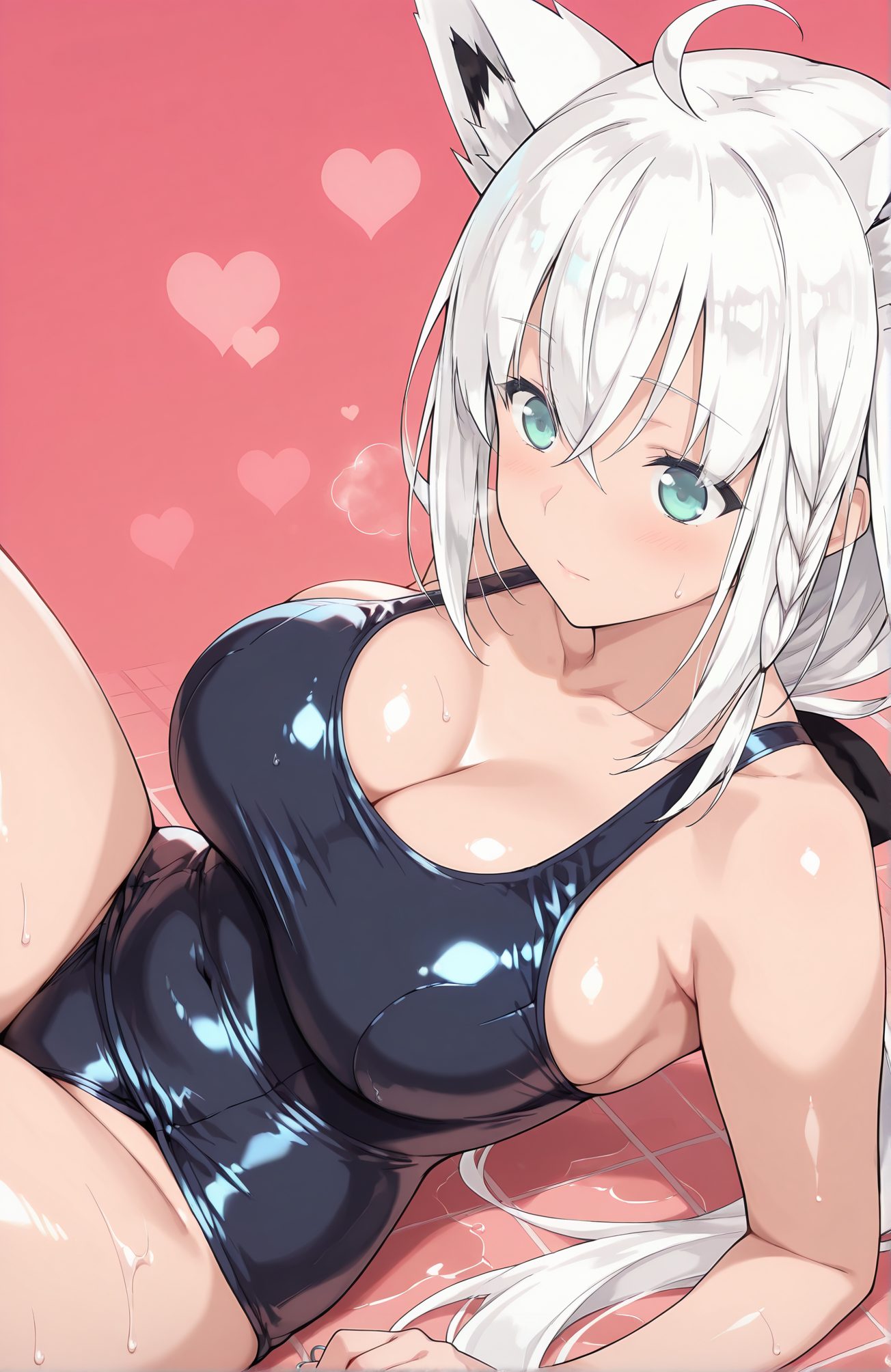 sensitive, 1girl, solo, long_hair, breasts, blush, bangs, large_breasts, animal_ears, cleavage, hair_between_eyes, sitting, closed_mouth, collarbone, swimsuit, braid, ahoge, white_hair, heart, thighs, shiny, virtual_youtuber, aqua_eyes, wet, animal_ear_fluff, one-piece_swimsuit, fox_ears, school_swimsuit, fox_girl, side_braid, shiny_clothes, blue_one-piece_swimsuit, shirakami_fubuki, 長い髪, 赤面, 前髪, 大きな胸, 動物耳, 目にかかる髪, 座り, 口閉じ, 鎖骨, 水着, アホ毛, 白髪, 光沢, バーチャルYouTuber, ワンピース水着, 学校水着, 白上フブキ