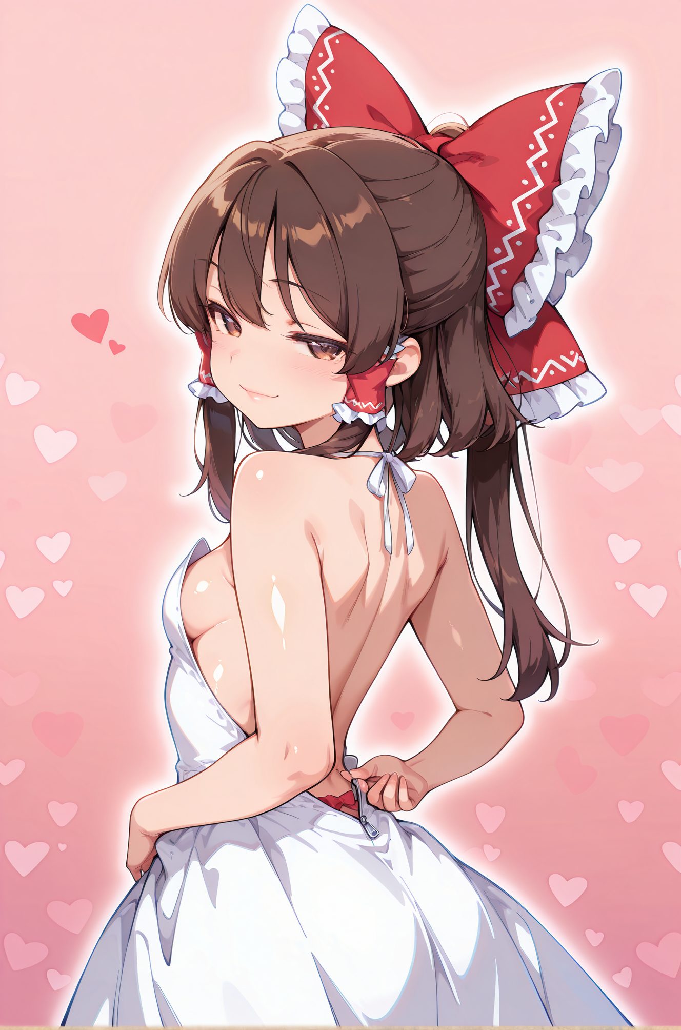 sensitive, 1girl, solo, long_hair, breasts, looking_at_viewer, blush, smile, bangs, brown_hair, dress, bow, bare_shoulders, brown_eyes, closed_mouth, underwear, ponytail, hair_bow, heart, sidelocks, small_breasts, frills, looking_back, from_behind, white_dress, red_bow, gradient, bare_arms, gradient_background, sideboob, back, hair_tubes, pink_background, zipper, backless_outfit, bare_back, backless_dress, frilled_bow, unzipping, hakurei_reimu, 長い髪, 赤面, 笑顔, 前髪, 茶髪, ボウ, 肩出し, 口閉じ, 下着, ポニーテール, 髪ボウ, サイドロック, 小さな胸, 赤リボン, 博麗霊夢
