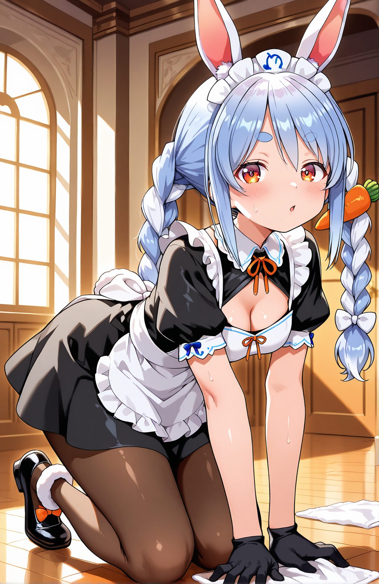 sensitive, 1girl, solo, long_hair, breasts, looking_at_viewer, blush, open_mouth, bangs, hair_ornament, red_eyes, gloves, dress, bow, ribbon, animal_ears, cleavage, twintails, medium_breasts, blue_hair, full_body, braid, white_hair, short_sleeves, pantyhose, multicolored_hair, sweat, frills, parted_lips, shoes, alternate_costume, black_gloves, puffy_sleeves, indoors, virtual_youtuber, black_footwear, rabbit_ears, :o, apron, black_dress, twin_braids, two-tone_hair, puffy_short_sleeves, orange_eyes, animal_ear_fluff, black_pantyhose, maid, symbol-shaped_pupils, maid_headdress, clothing_cutout, window, kneeling, neck_ribbon, cleavage_cutout, thick_eyebrows, white_bow, all_fours, white_apron, maid_apron, frilled_apron, brown_pantyhose, enmaided, short_eyebrows, rabbit_girl, food-themed_hair_ornament, carrot_hair_ornament, usada_pekora, 長い髪, 赤面, 口開き, 前髪, 髪飾り, 赤い目, 手袋, ボウ, リボン, 動物耳, ツインテール, 中くらいの胸, 青髪, 白髪, パンスト, 多色髪, 汗, 靴, 黒手袋, バーチャルYouTuber, うさ耳, ツインブレイド, 四つん這い, 兎田ぺこら, 兎田ぺこら_posted