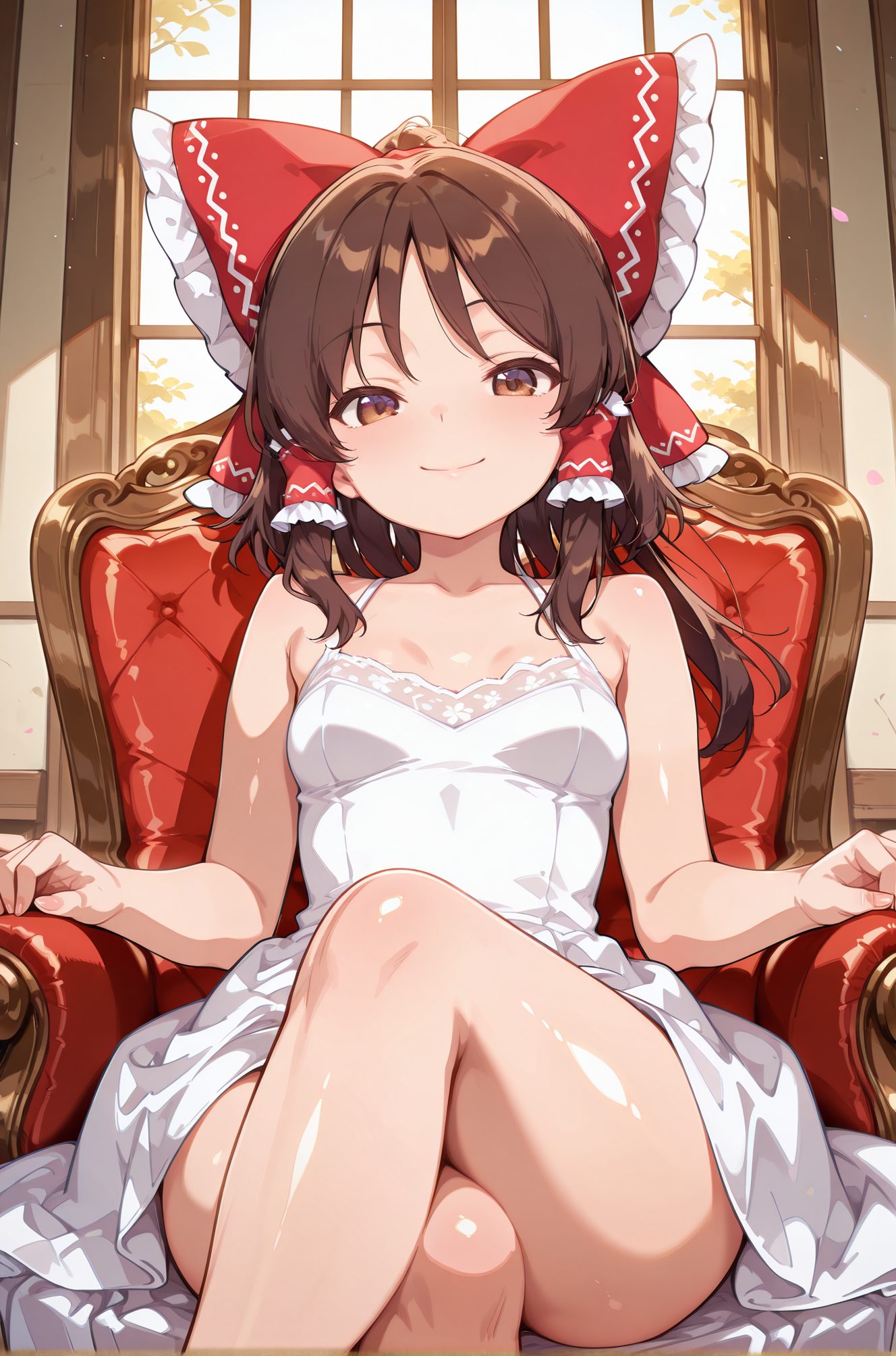 sensitive, 1girl, solo, long_hair, breasts, looking_at_viewer, blush, smile, bangs, brown_hair, dress, bow, bare_shoulders, brown_eyes, sitting, closed_mouth, collarbone, hair_bow, sidelocks, thighs, small_breasts, frills, sleeveless, indoors, white_dress, red_bow, bare_arms, bare_legs, sleeveless_dress, feet_out_of_frame, chair, hair_tubes, crossed_legs, spaghetti_strap, frilled_bow, on_chair, armchair, hakurei_reimu, 長い髪, 赤面, 笑顔, 前髪, 茶髪, ボウ, 肩出し, 座り, 口閉じ, 鎖骨, 髪ボウ, サイドロック, 小さな胸, 赤リボン, 博麗霊夢