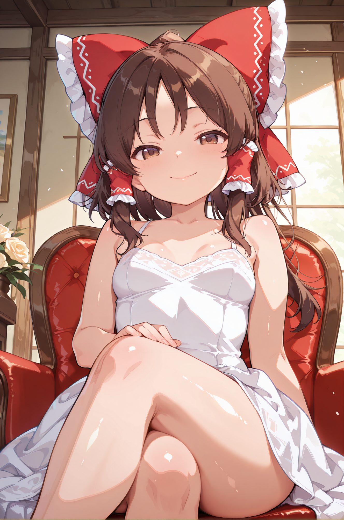 sensitive, 1girl, solo, long_hair, breasts, looking_at_viewer, blush, smile, bangs, brown_hair, dress, bow, bare_shoulders, brown_eyes, sitting, closed_mouth, collarbone, flower, hair_bow, sidelocks, thighs, small_breasts, frills, sleeveless, indoors, white_dress, red_bow, bare_arms, sleeveless_dress, feet_out_of_frame, rose, chair, hair_tubes, crossed_legs, white_flower, spaghetti_strap, white_rose, frilled_bow, on_chair, armchair, hakurei_reimu, 長い髪, 赤面, 笑顔, 前髪, 茶髪, ボウ, 肩出し, 座り, 口閉じ, 鎖骨, 髪ボウ, サイドロック, 小さな胸, 赤リボン, 博麗霊夢, ok