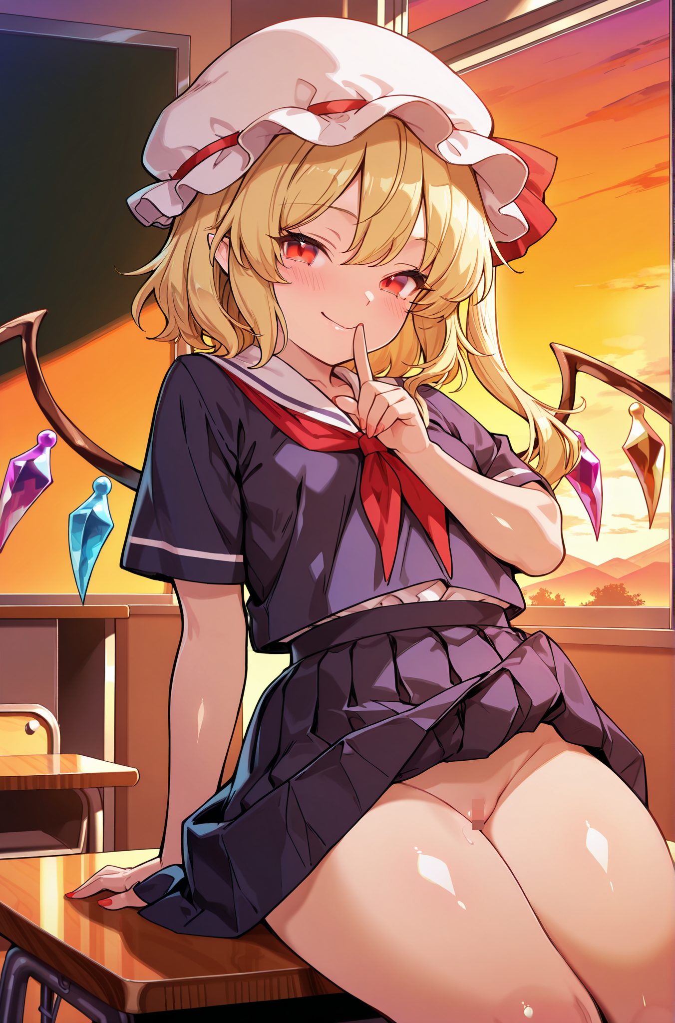questionable, explicit, 1girl, solo, looking_at_viewer, blush, smile, bangs, skirt, blonde_hair, shirt, red_eyes, hat, ribbon, sitting, closed_mouth, school_uniform, short_sleeves, thighs, pleated_skirt, wings, sky, pussy, serafuku, alternate_costume, pointy_ears, indoors, black_skirt, medium_hair, sailor_collar, clothes_lift, red_ribbon, neckerchief, window, no_panties, arm_support, white_headwear, one_side_up, skirt_lift, mob_cap, hat_ribbon, red_nails, red_neckerchief, finger_to_mouth, desk, sunset, black_serafuku, white_sailor_collar, crystal, classroom, school_desk, on_desk, orange_sky, sitting_on_desk, flandre_scarlet, 赤面, 笑顔, 前髪, スカート, 金髪, シャツ, 赤い目, 帽子, リボン, 座り, 口閉じ, 学校制服, セーラー服, 衣服たくし上げ, 赤リボン, ノーパン, 白頭飾, 片側アップ, スカートたくし上げ, モブキャップ, 帽子リボン, フランドール・スカーレット