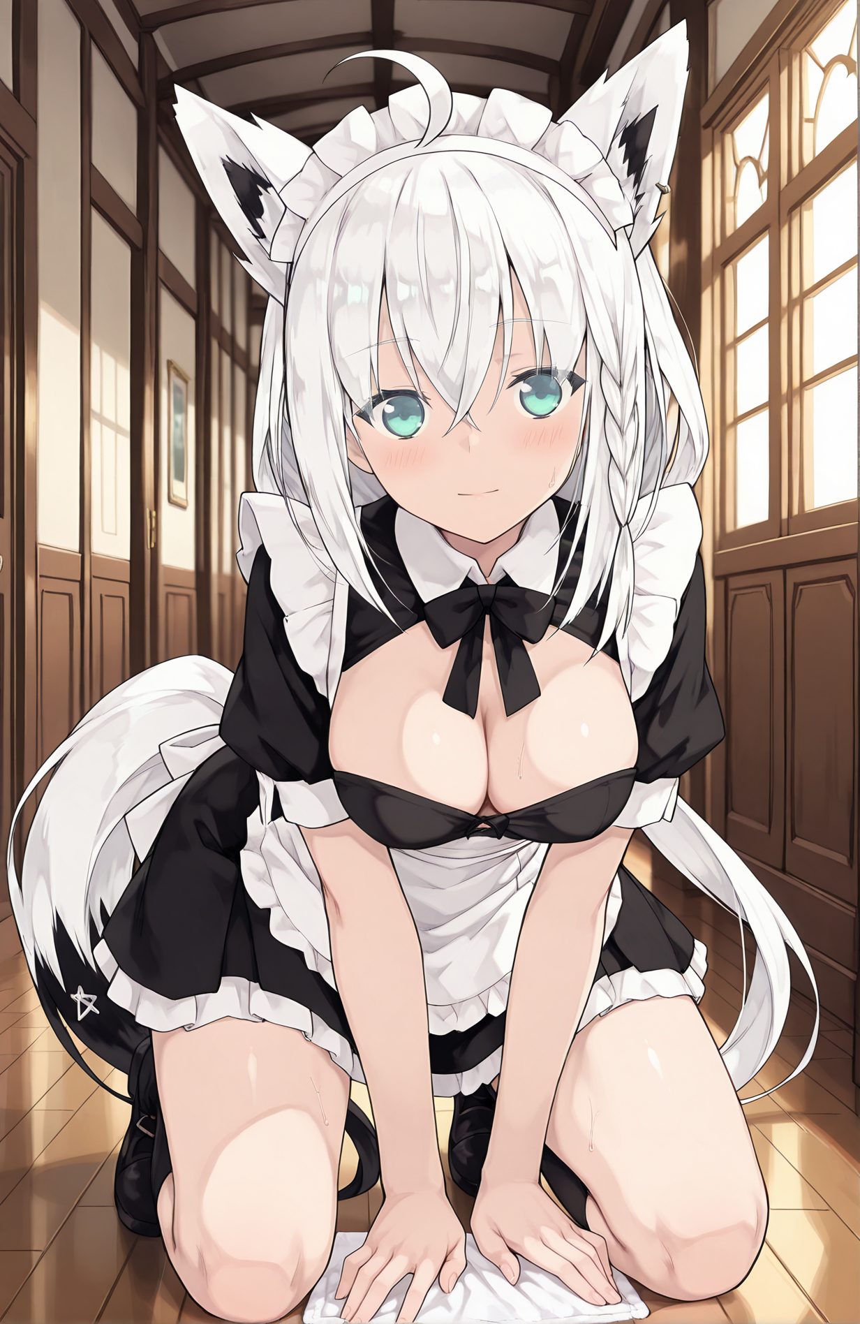 sensitive, 1girl, solo, long_hair, breasts, looking_at_viewer, blush, smile, bangs, dress, bow, animal_ears, cleavage, hair_between_eyes, medium_breasts, green_eyes, tail, braid, ahoge, white_hair, short_sleeves, sidelocks, sweat, frills, alternate_costume, puffy_sleeves, indoors, virtual_youtuber, black_footwear, apron, black_dress, animal_ear_fluff, maid, maid_headdress, fox_ears, single_braid, black_bow, fox_tail, all_fours, fox_girl, white_apron, maid_apron, enmaided, pentagram, shirakami_fubuki, 長い髪, 赤面, 笑顔, 前髪, ボウ, 動物耳, 目にかかる髪, 中くらいの胸, 緑の目, アホ毛, 白髪, サイドロック, 汗, バーチャルYouTuber, 四つん這い, 白上フブキ