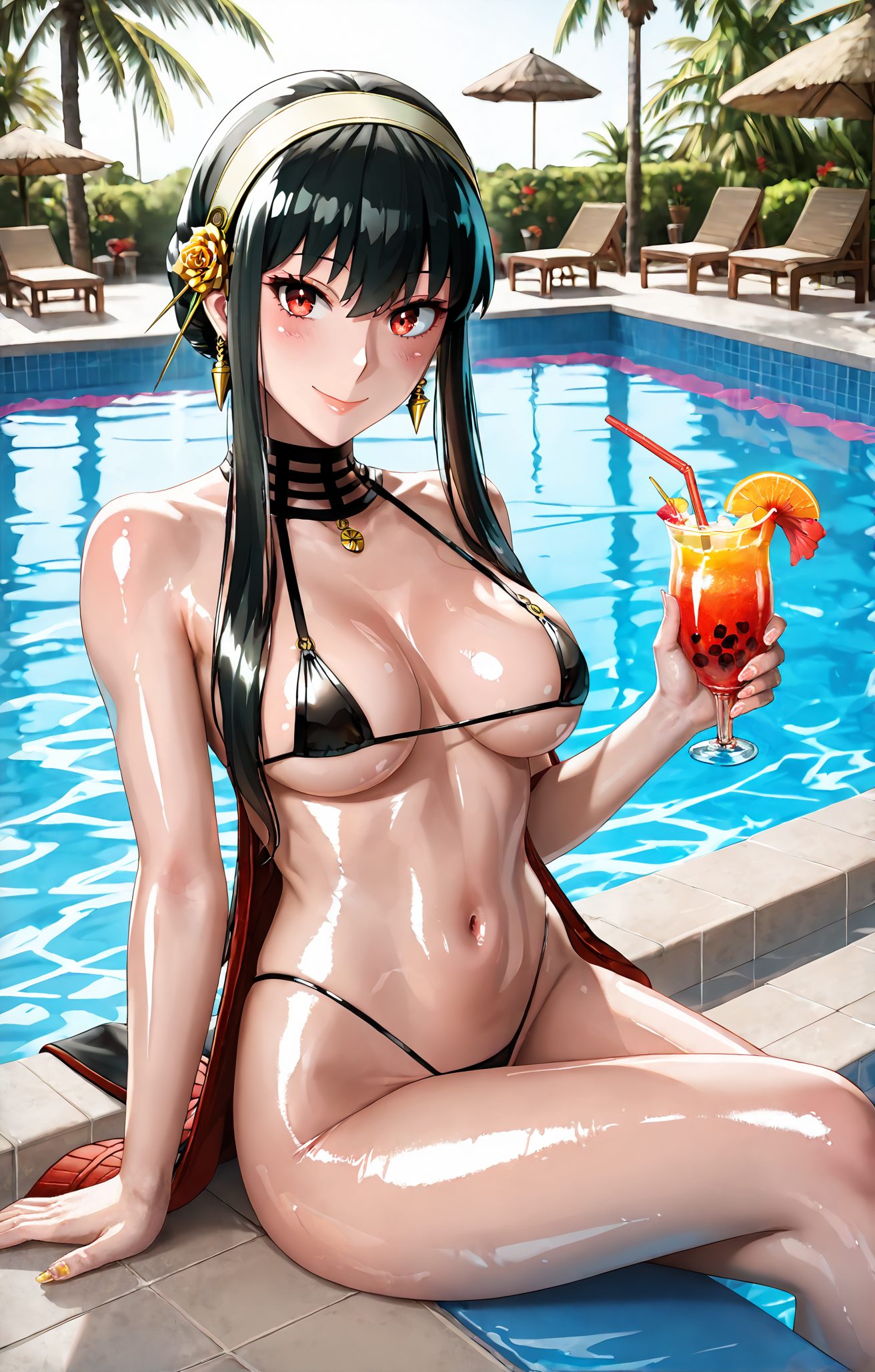 sensitive, 1girl, solo, long_hair, breasts, looking_at_viewer, blush, smile, bangs, large_breasts, black_hair, hair_ornament, red_eyes, navel, holding, jewelry, sitting, closed_mouth, swimsuit, flower, sidelocks, bikini, thighs, hairband, earrings, outdoors, food, shiny, hair_flower, water, stomach, tree, cup, lips, wet, shiny_skin, fruit, black_bikini, rose, highleg, holding_cup, string_bikini, micro_bikini, short_hair_with_long_locks, spikes, drinking_glass, drinking_straw, drink, palm_tree, pool, highleg_bikini, poolside, orange_(fruit), two-sided_fabric, pool_ladder, gold_earrings, orange_slice, yor_briar, 長い髪, 赤面, 笑顔, 前髪, 大きな胸, 黒髪, 髪飾り, 赤い目, ジュエリー, 座り, 口閉じ, 水着, サイドロック, ビキニ, ヘアバンド, イヤリング, 光沢, 髪の花, 光沢肌, ストリングビキニ, マイクロビキニ, ハイレグビキニ, ヨル・ブライア