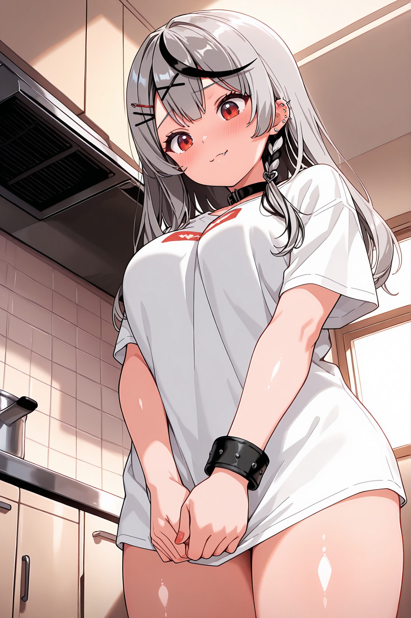 sensitive, 1girl, solo, long_hair, breasts, looking_at_viewer, blush, smile, bangs, large_breasts, shirt, black_hair, hair_ornament, red_eyes, jewelry, closed_mouth, white_shirt, braid, short_sleeves, grey_hair, thighs, multicolored_hair, cowboy_shot, fang, indoors, virtual_youtuber, collar, streaked_hair, looking_down, piercing, from_below, x_hair_ornament, t-shirt, ear_piercing, skin_fang, covering_crotch, black_collar, shirt_tug, sakamata_chloe, 長い髪, 赤面, 笑顔, 前髪, 大きな胸, シャツ, 黒髪, 髪飾り, 赤い目, ジュエリー, 口閉じ, 白シャツ, 灰髪, 多色髪, バーチャルYouTuber, 沙花叉クロヱ