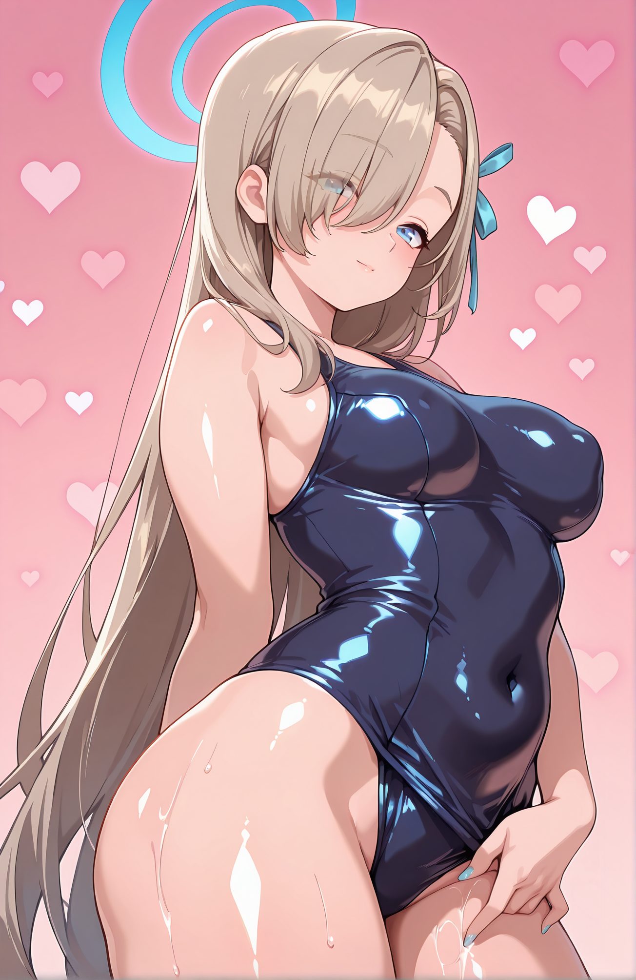 sensitive, 1girl, solo, long_hair, breasts, looking_at_viewer, blush, smile, bangs, blue_eyes, large_breasts, ribbon, bare_shoulders, medium_breasts, very_long_hair, closed_mouth, swimsuit, hair_ribbon, heart, thighs, cowboy_shot, alternate_costume, shiny, nail_polish, hair_over_one_eye, wet, one-piece_swimsuit, shiny_skin, covered_navel, halo, pink_background, school_swimsuit, light_brown_hair, eyes_visible_through_hair, blue_ribbon, blue_nails, shiny_clothes, blue_one-piece_swimsuit, asuna_(blue_archive), 長い髪, 赤面, 笑顔, 前髪, 青い目, 大きな胸, リボン, 肩出し, 中くらいの胸, とても長い髪, 口閉じ, 水着, 髪リボン, 光沢, ワンピース水着, 光沢肌, 学校水着, アスナ（ブルーアーカイブ）