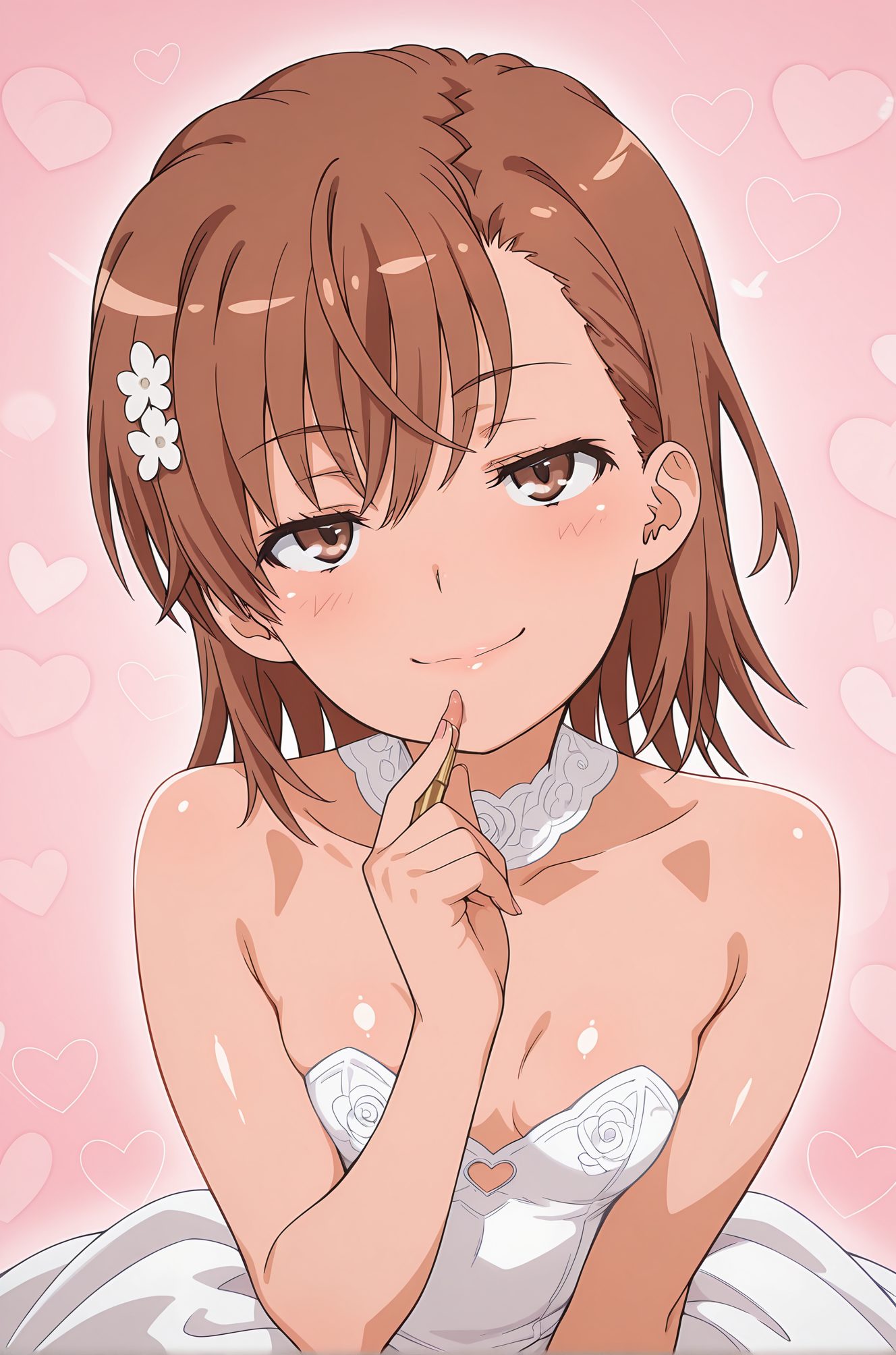 sensitive, 1girl, solo, breasts, looking_at_viewer, blush, smile, short_hair, bangs, brown_hair, hair_ornament, dress, cleavage, bare_shoulders, brown_eyes, closed_mouth, collarbone, upper_body, flower, heart, small_breasts, hair_flower, white_dress, lips, strapless, pink_background, strapless_dress, wedding_dress, heart_background, misaka_mikoto, 赤面, 笑顔, 短い髪, 前髪, 茶髪, 髪飾り, 肩出し, 口閉じ, 鎖骨, 小さな胸, 髪の花, 御坂美琴